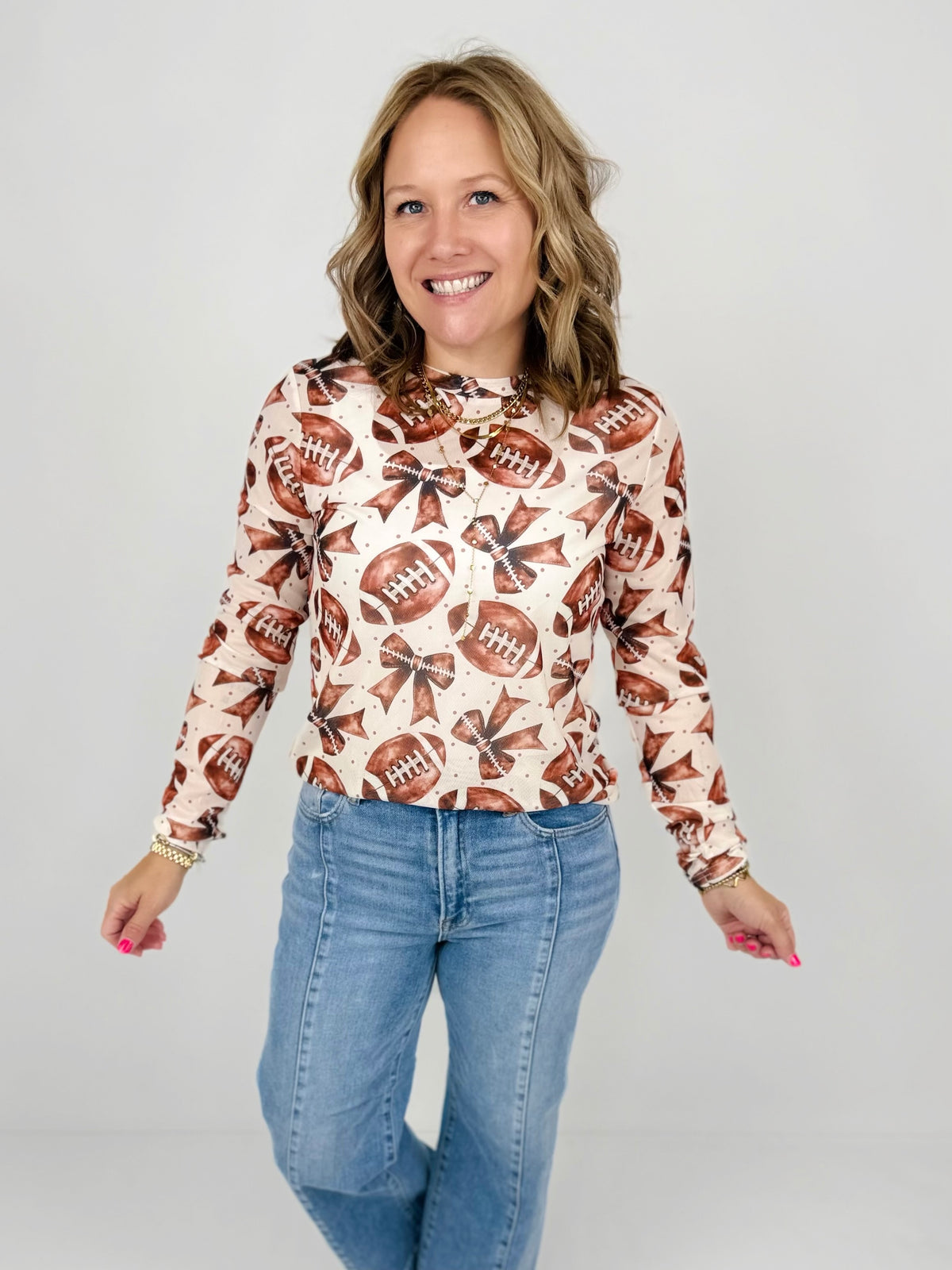 Long Sleeve Mesh Top in Football Bows {S-3X} - KaraMarie