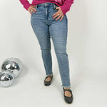PINK DOORBUSTER! Judy Blue Panel Point Fringe Slim Jeans {0-24W} - KaraMarie