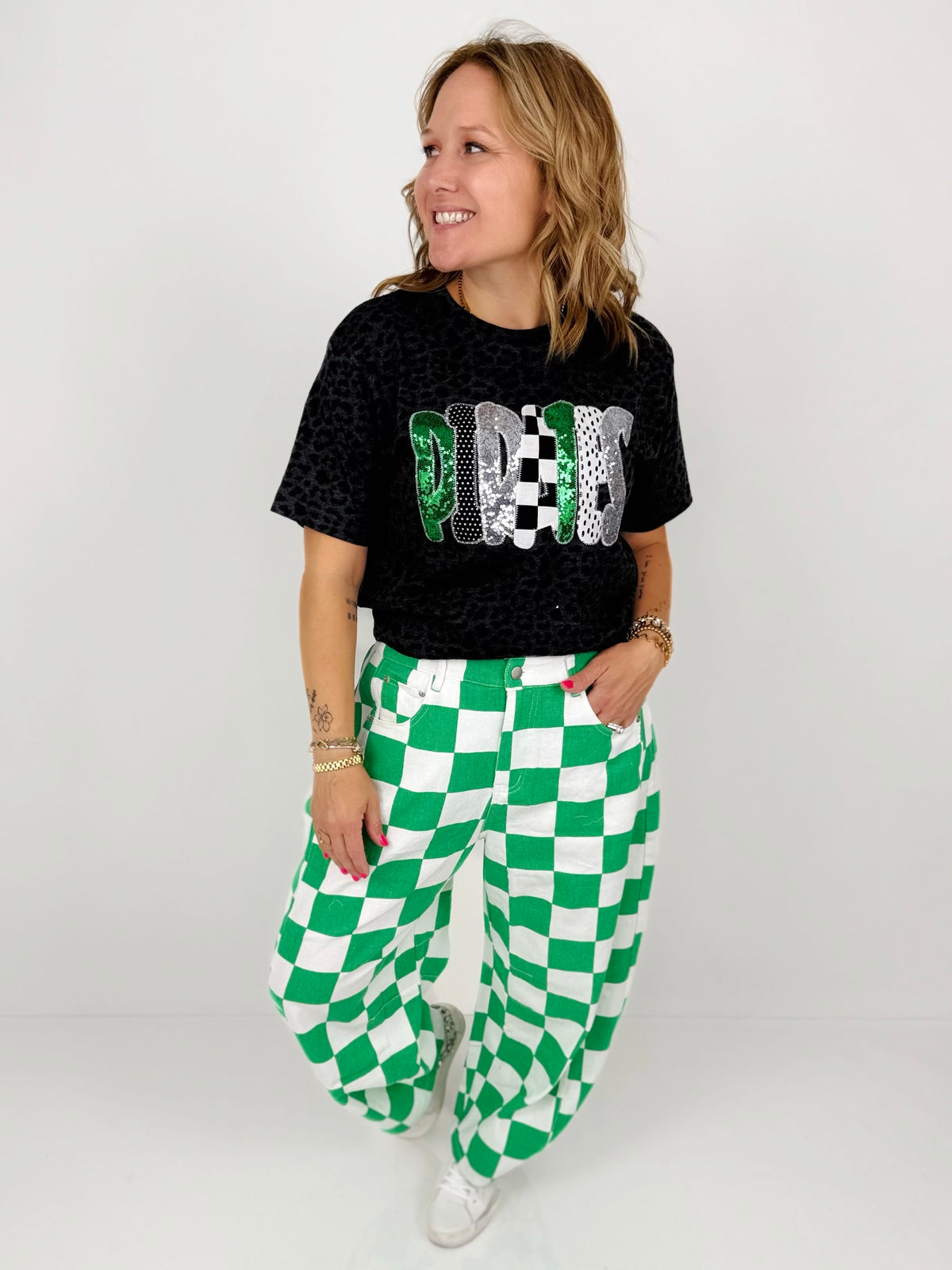 Statement Check Barrel Denim Pants - Green {S-3X} - KaraMarie