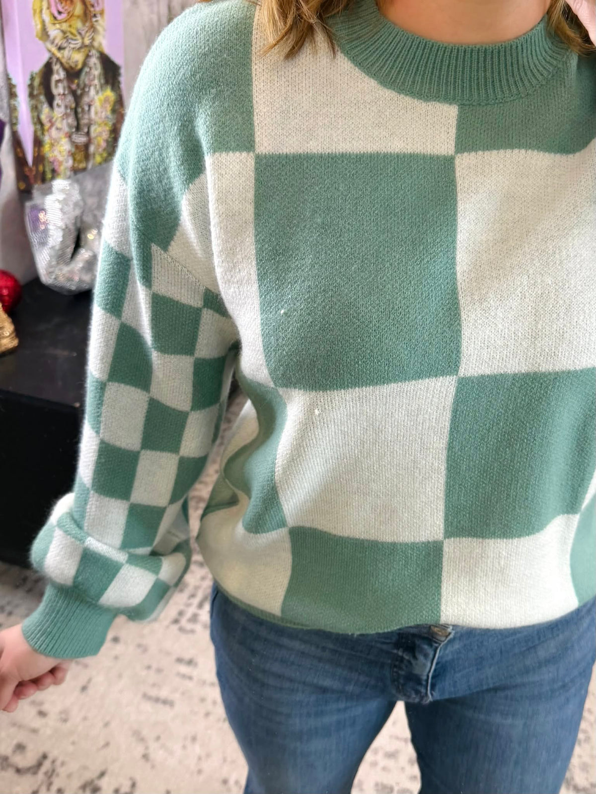 MM Checkered Pullover Sweater - Dusty Jade {S-3X} - KaraMarie