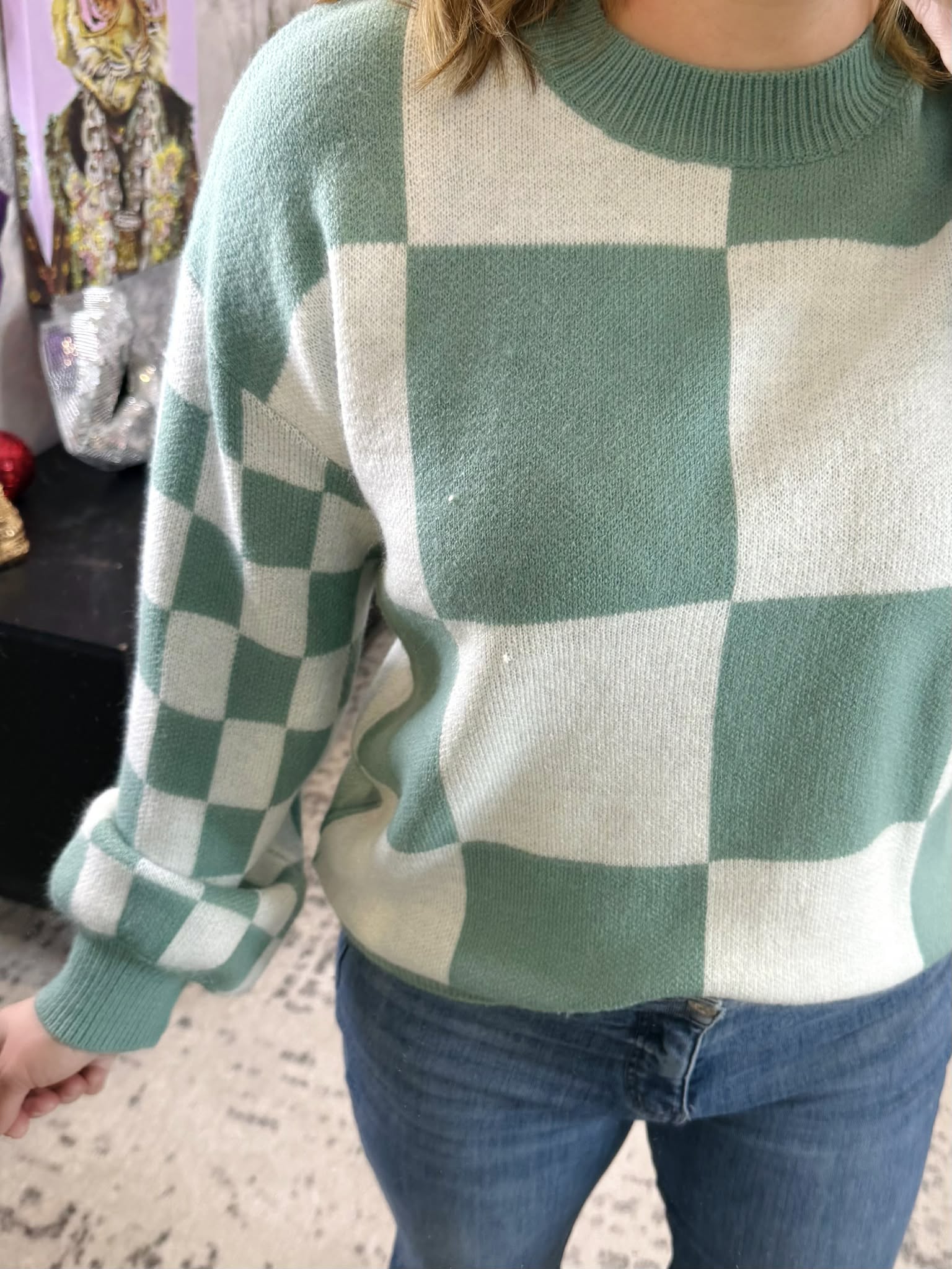 MM Checkered Pullover Sweater - Dusty Jade {S-3X} - KaraMarie