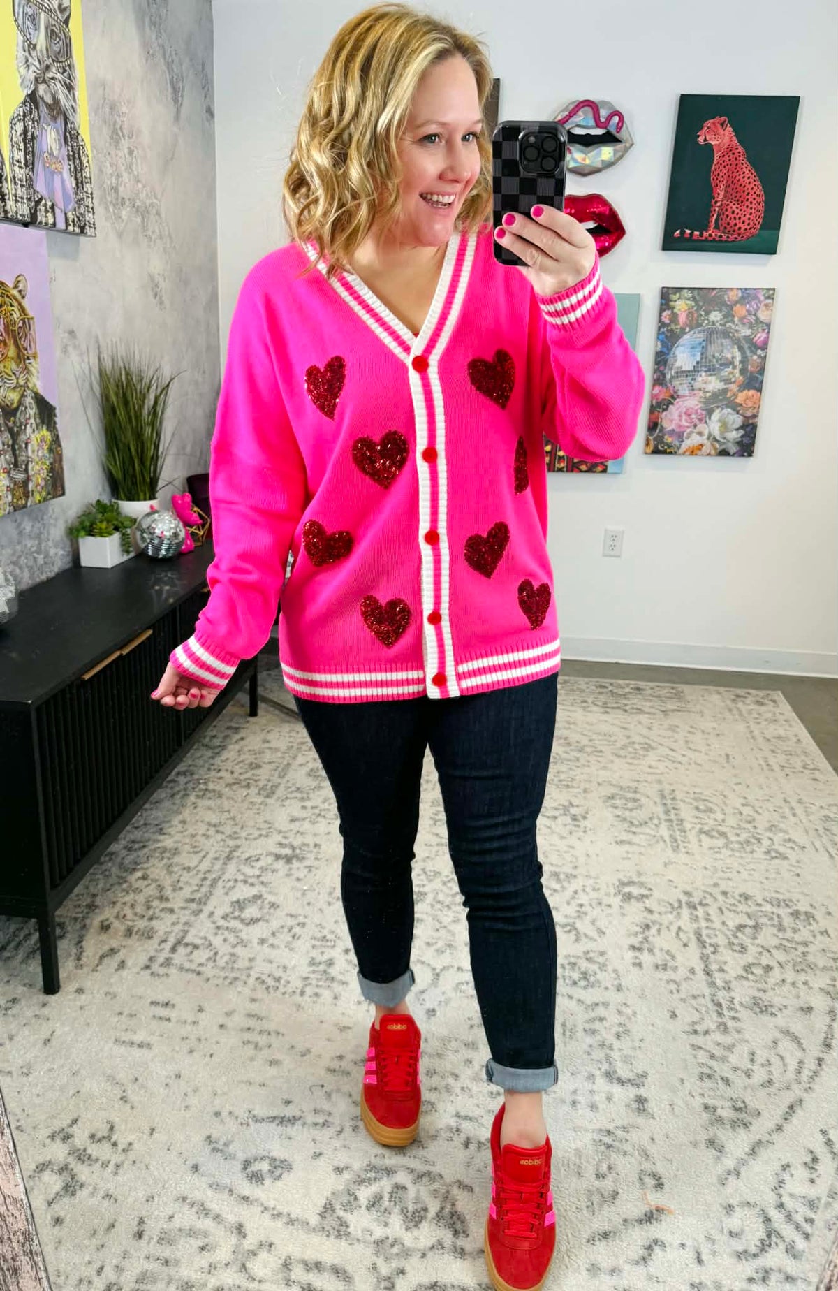 Sequin Patch Happy Hearts Cardigan {S/M-2X/3X} - KaraMarie