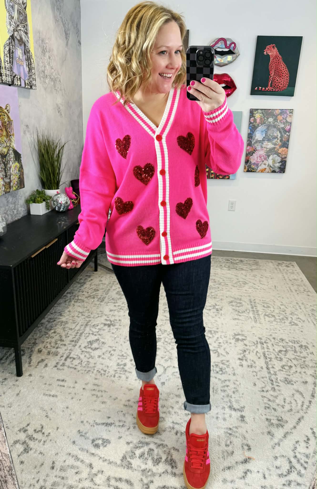 Sequin Patch Happy Hearts Cardigan {S/M-2X/3X} - KaraMarie