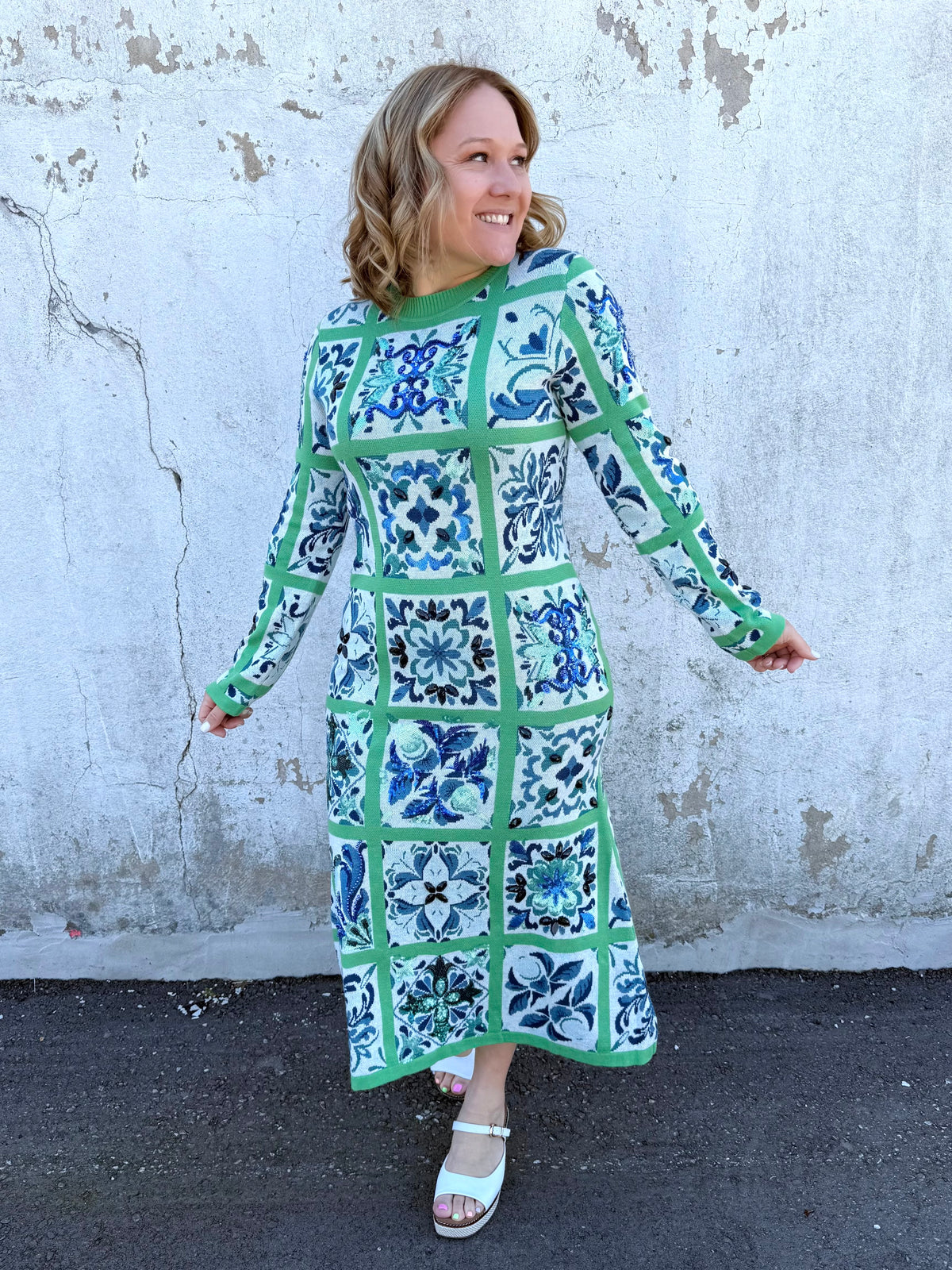 Queen of Sparkles :: Green & Blue Italian Tile Midi Dress {S-XL} - KaraMarie