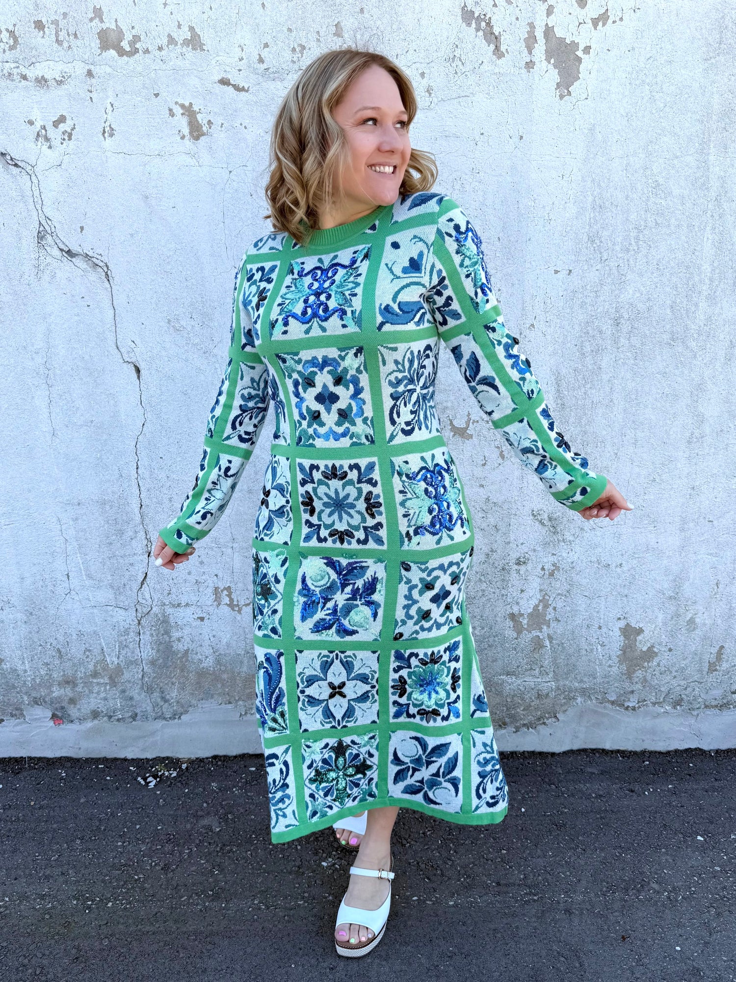 Queen of Sparkles :: Green & Blue Italian Tile Midi Dress {S-XL} - KaraMarie