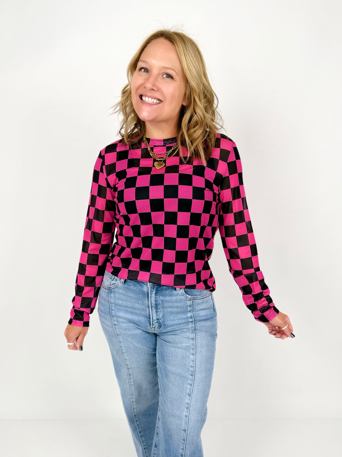 Long Sleeve Mesh Top in Pink/Black Checker {S-3X}