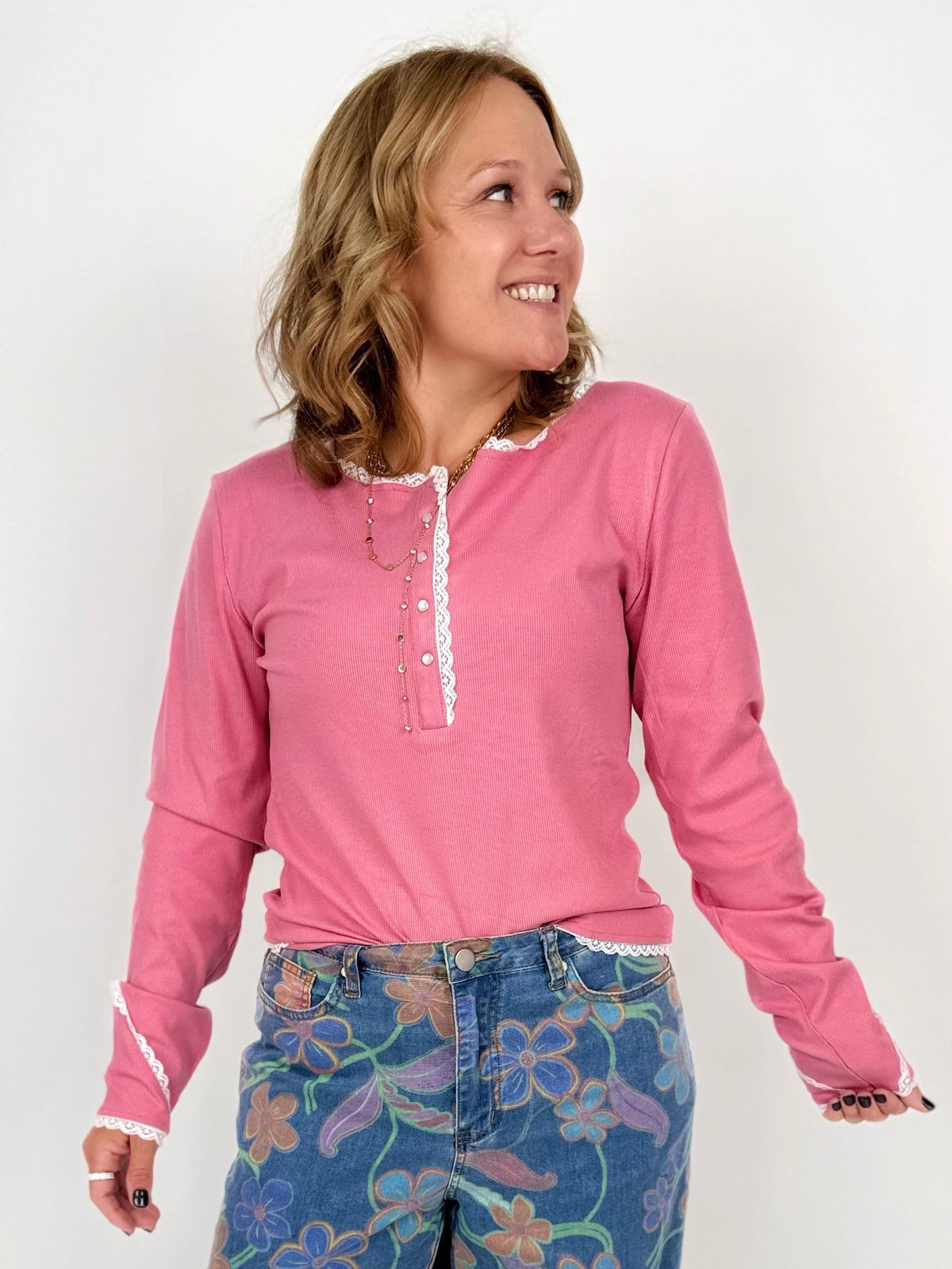 Blakeley Rosie Lace Henley Top - Pink {XS-2X}