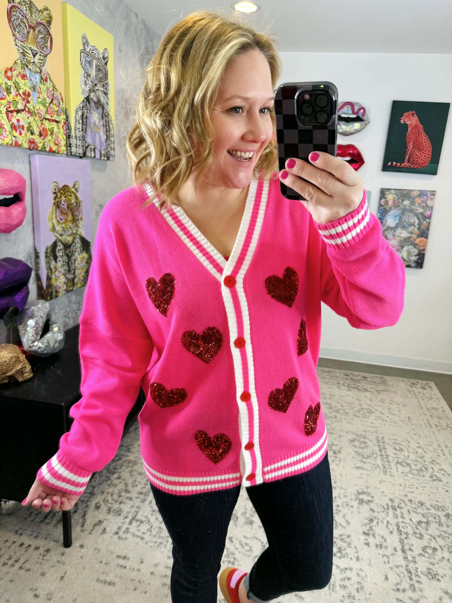 Sequin Patch Happy Hearts Cardigan {S/M-2X/3X} - KaraMarie