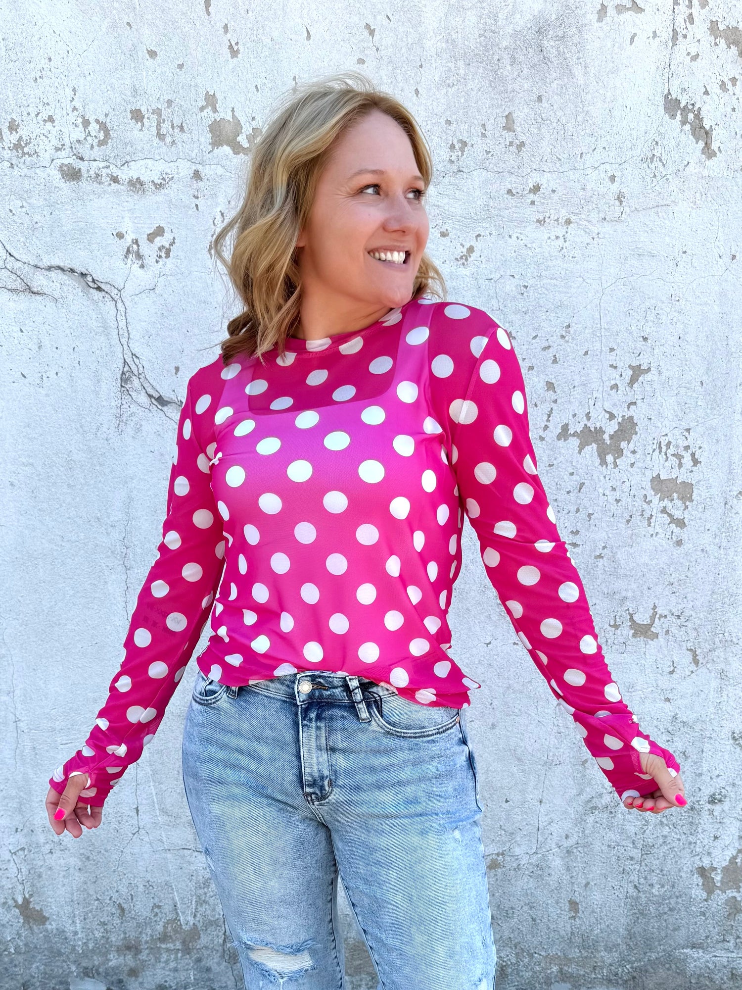 BLAKELEY Dress It Up Mesh Tops - Pink Polka Dots {S/M-2X}