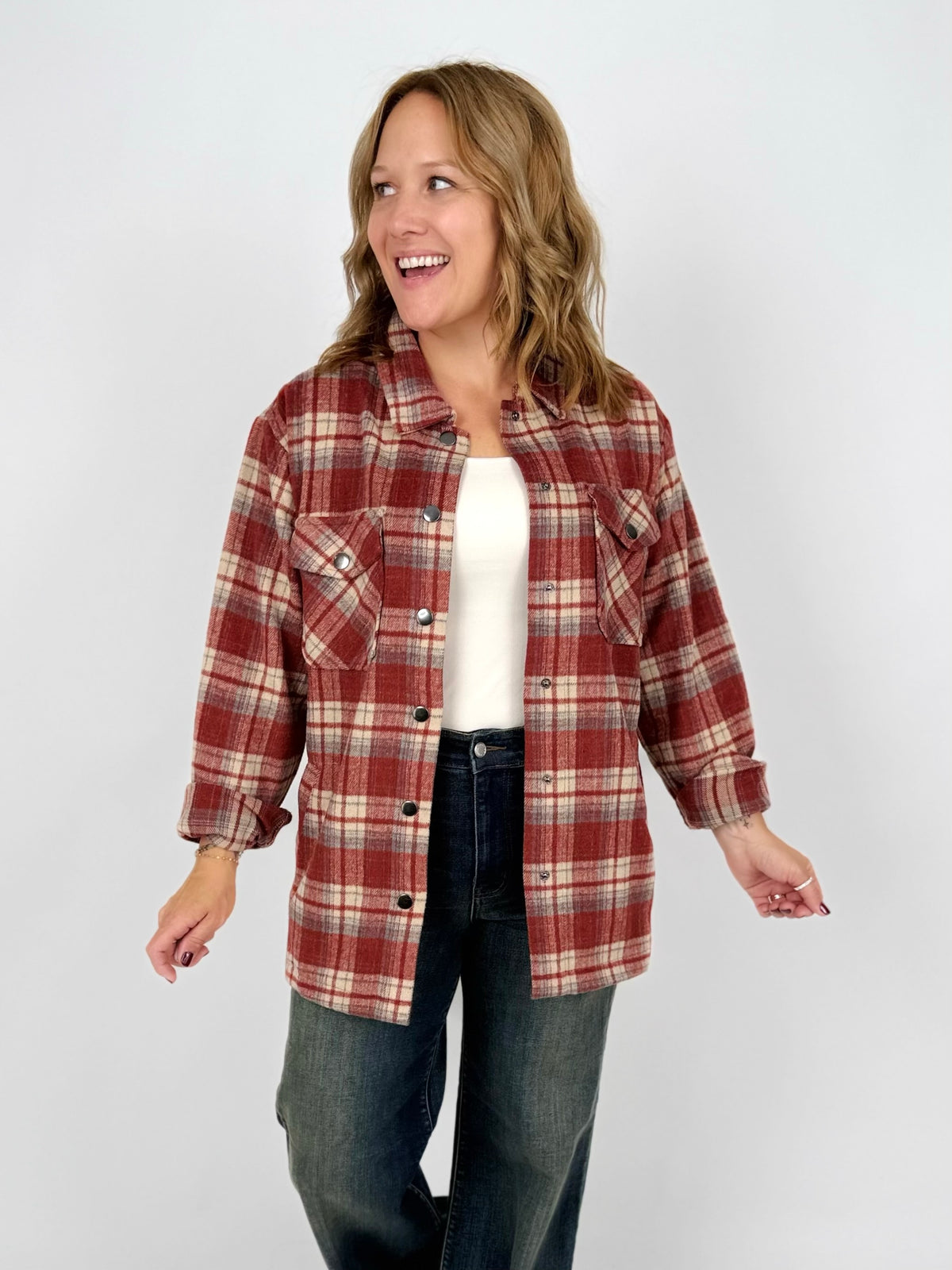 MM Norah Plaid Shacket - Brick {S-3X}