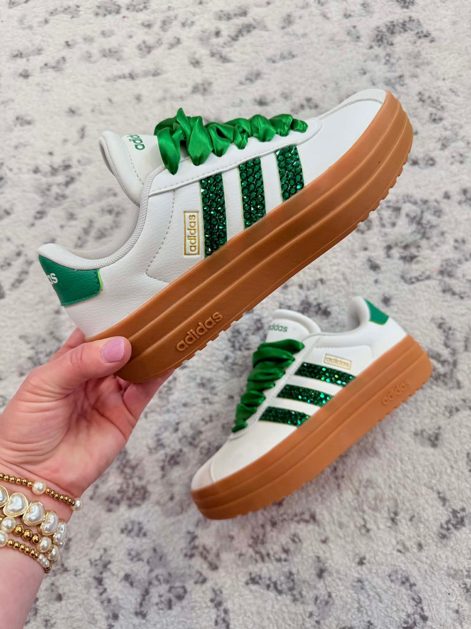 FEBRUARY CRYSTALLIZED SHOE OF THE MONTH! Adidas White/Green Platform Sneaker {CUSTOM ORDER!} - KaraMarie