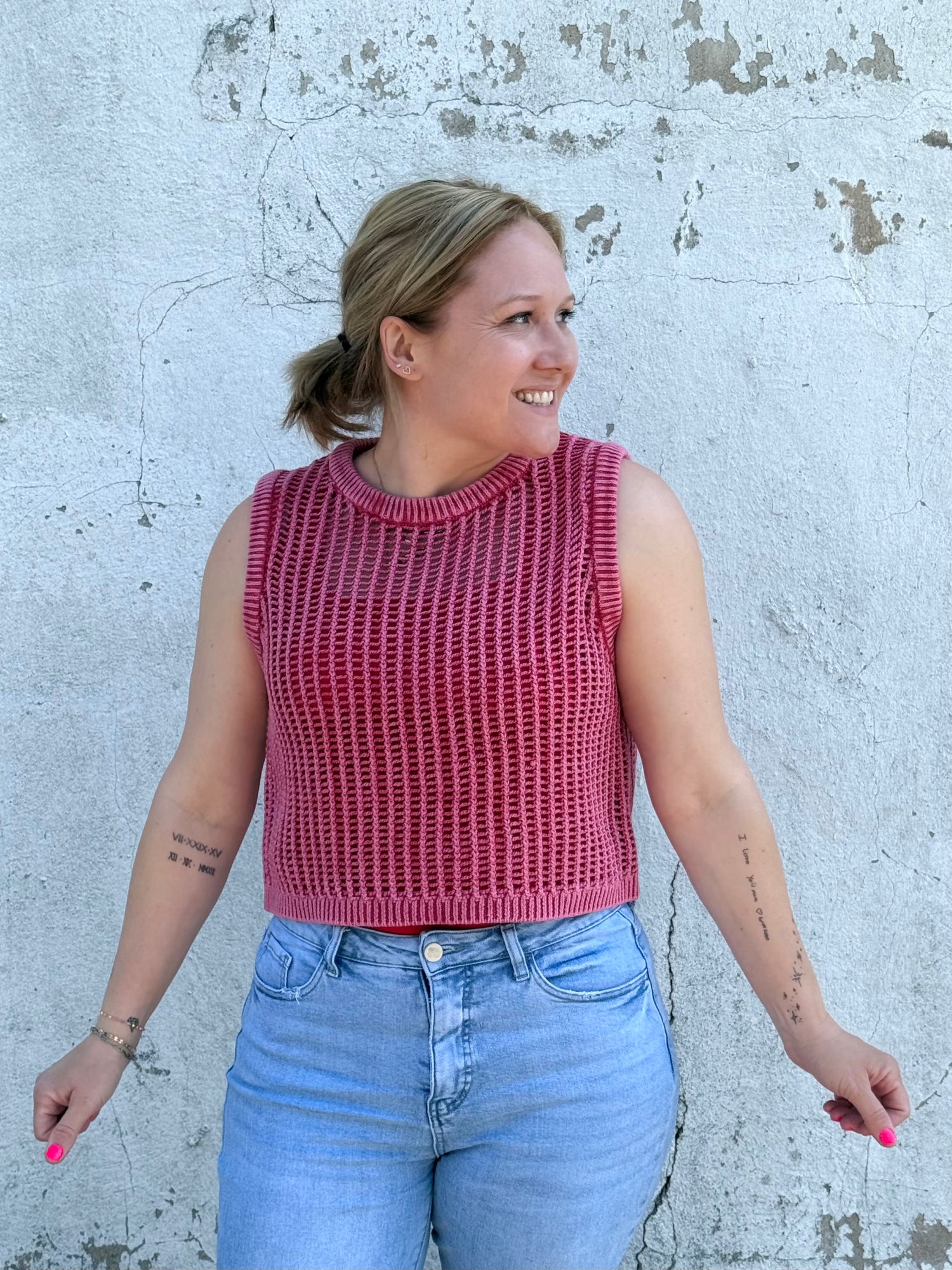 Free Spirit Fishnet Sweater Vest - Red {S-L}
