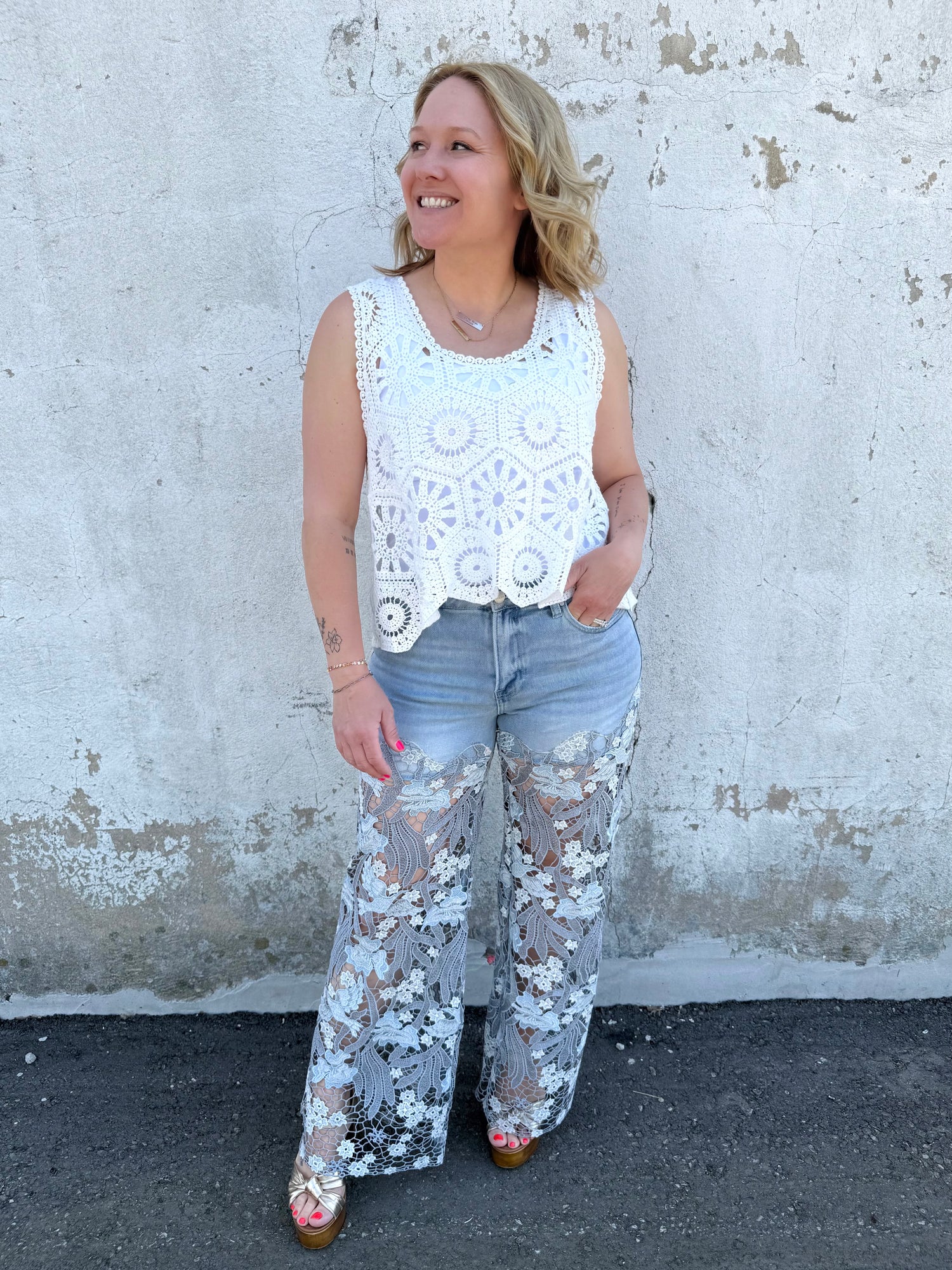 Risen Statement Lace Wide-Leg Jeans {1-15}