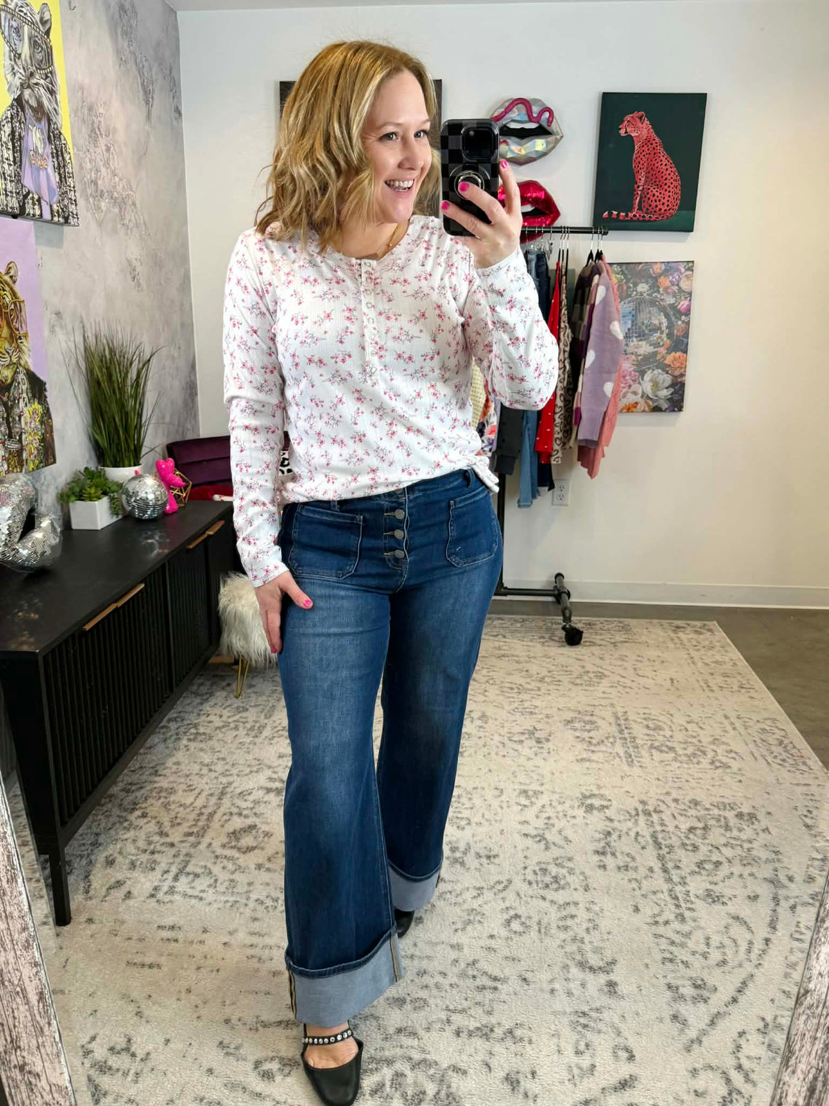 MM Button Snap Henley Top - Micro Pink Floral {S-3X} - KaraMarie