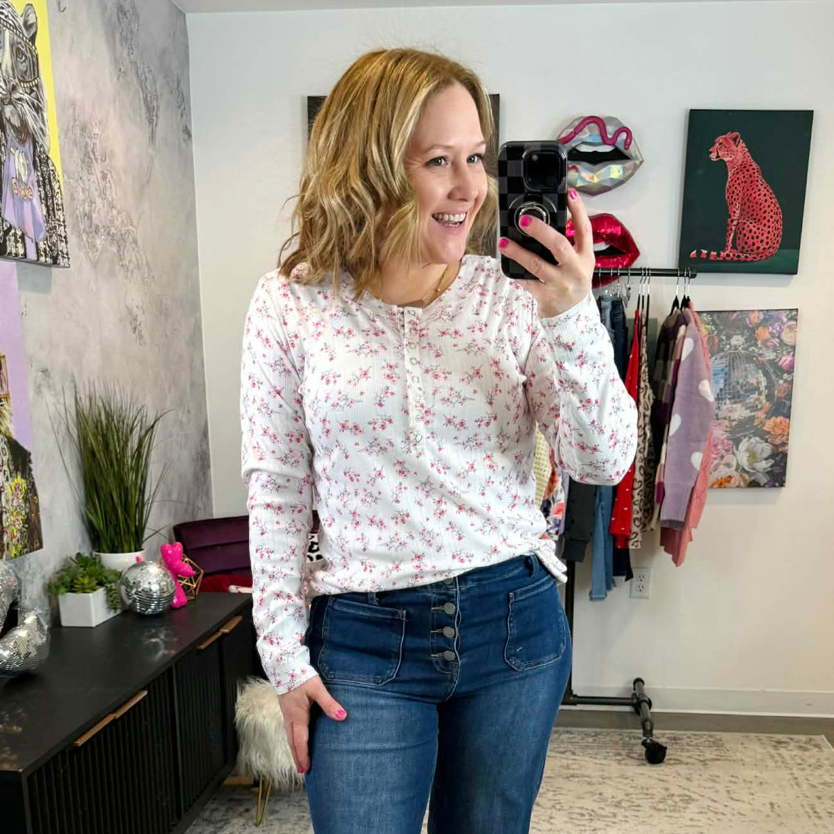 MM Button Snap Henley Top - Micro Pink Floral {S-3X} - KaraMarie
