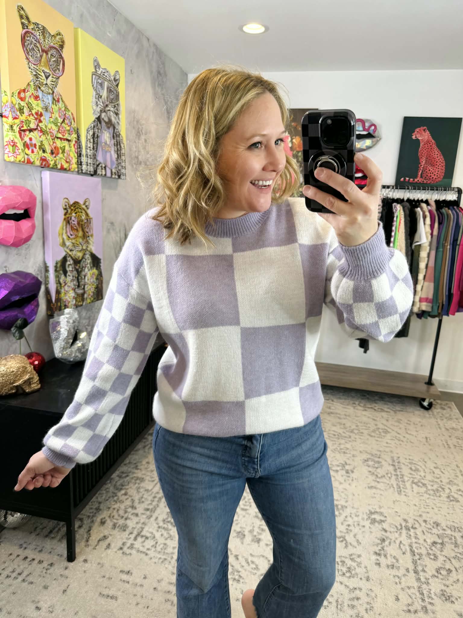 MM Checkered Pullover Sweater - Lavender {S-3X} - KaraMarie