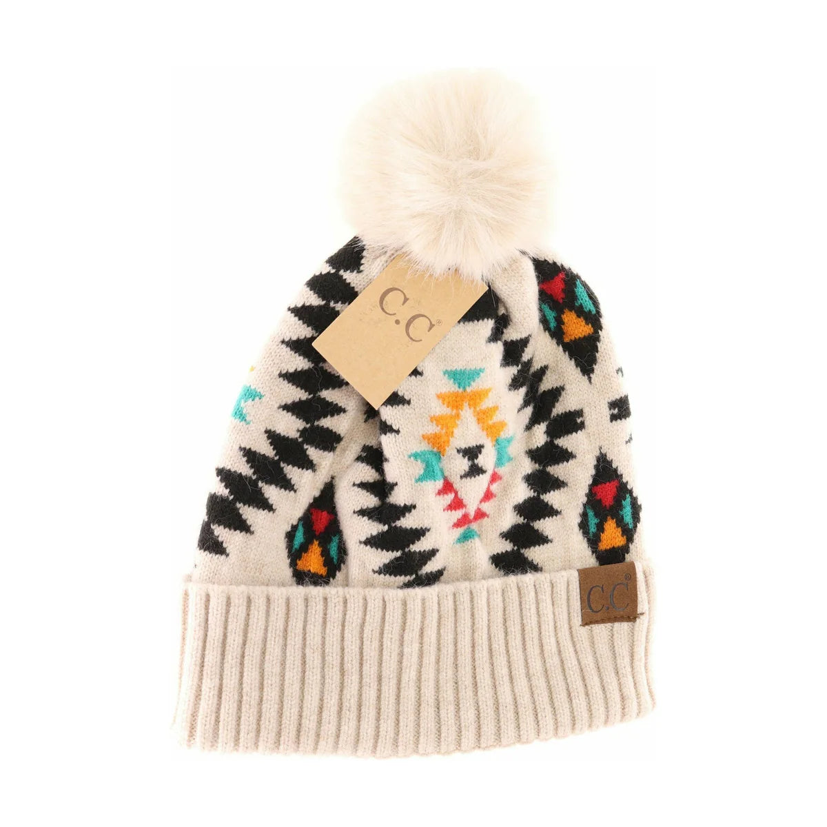 Aztec Patterned Faux Fur Pom CC Beanie in Beige