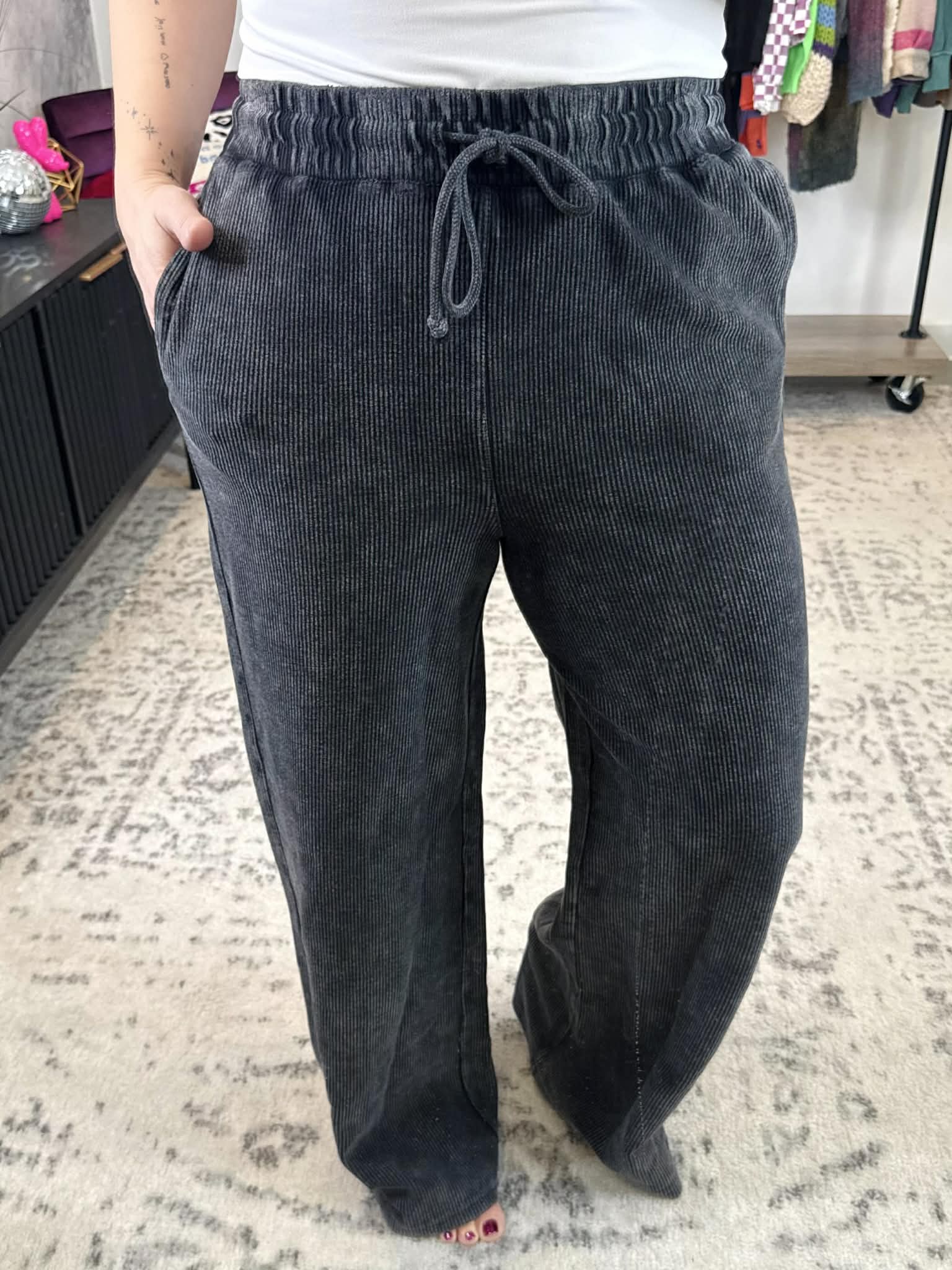 Corded Wide Leg Pant in Washed Black {S-2X} - KaraMarie