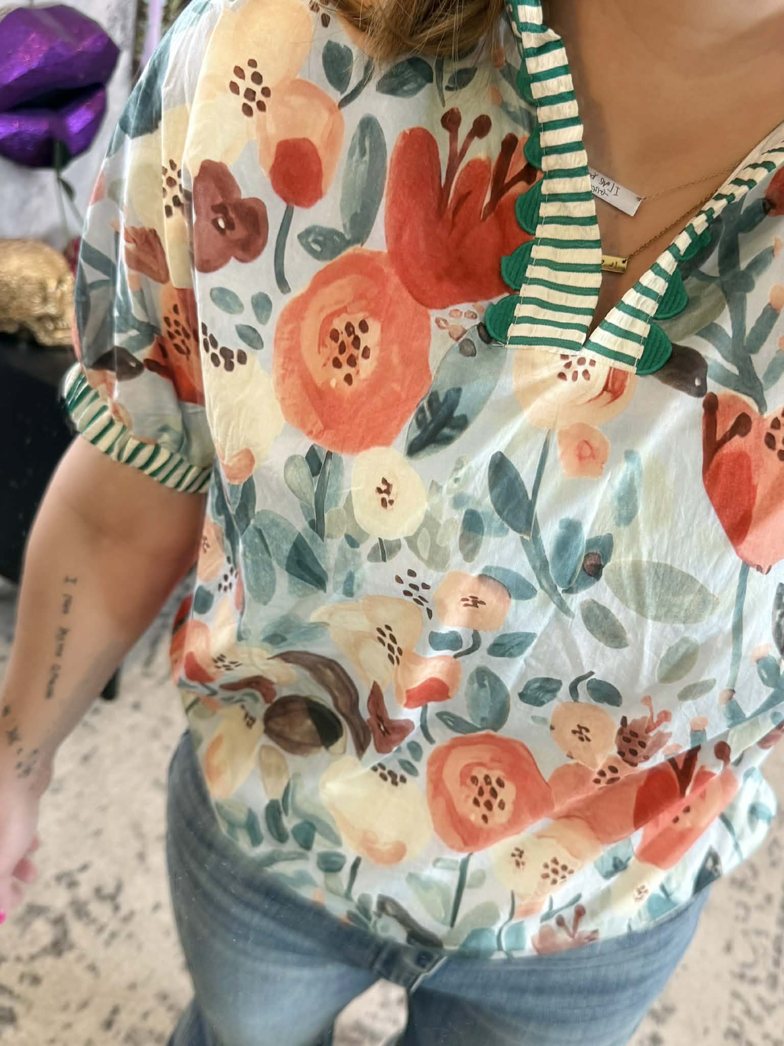 Trimmed Blossom Top - Green {S-2X} - KaraMarie
