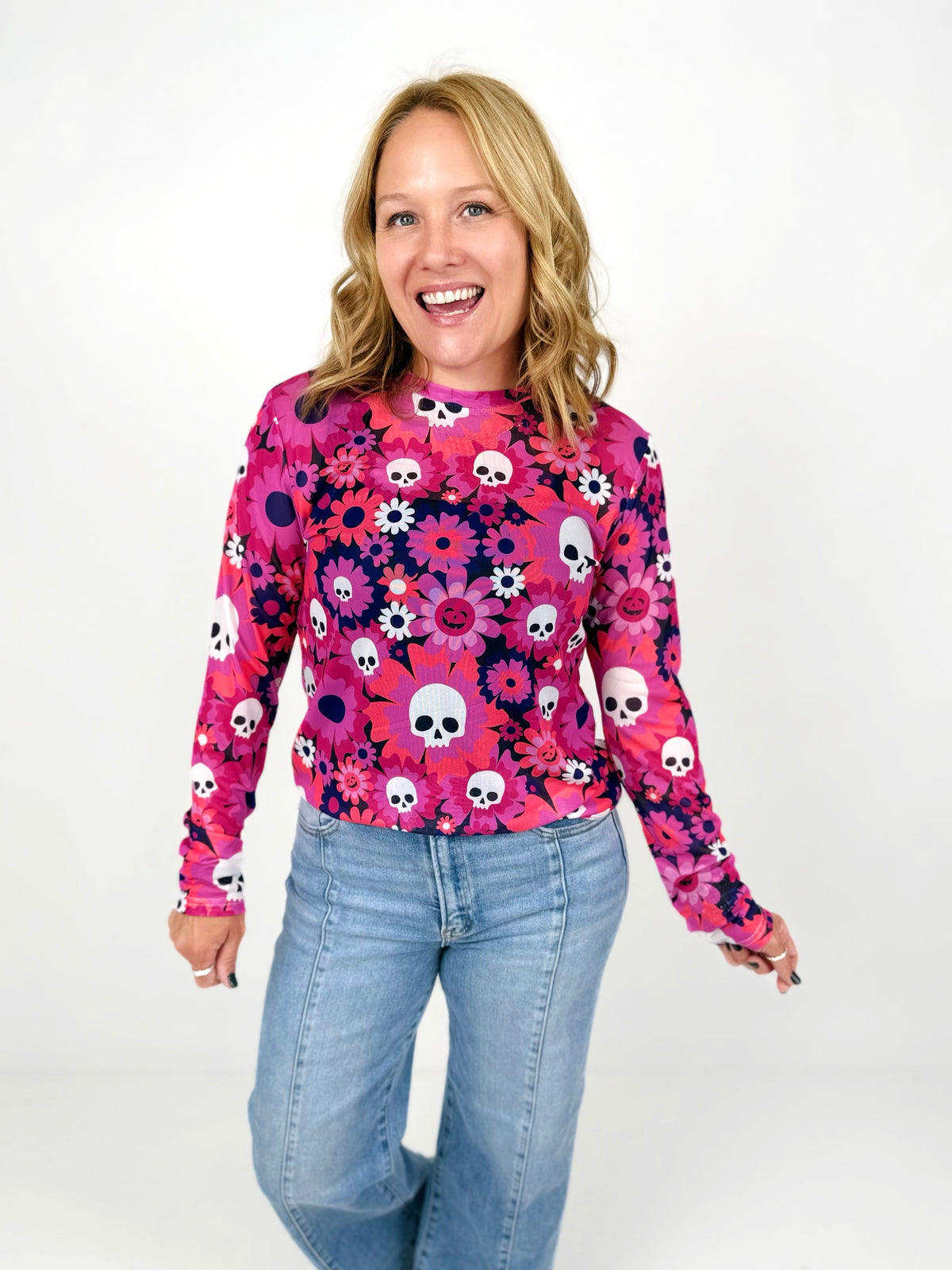 Long Sleeve Mesh Top in Floral Skulls {S-3X}