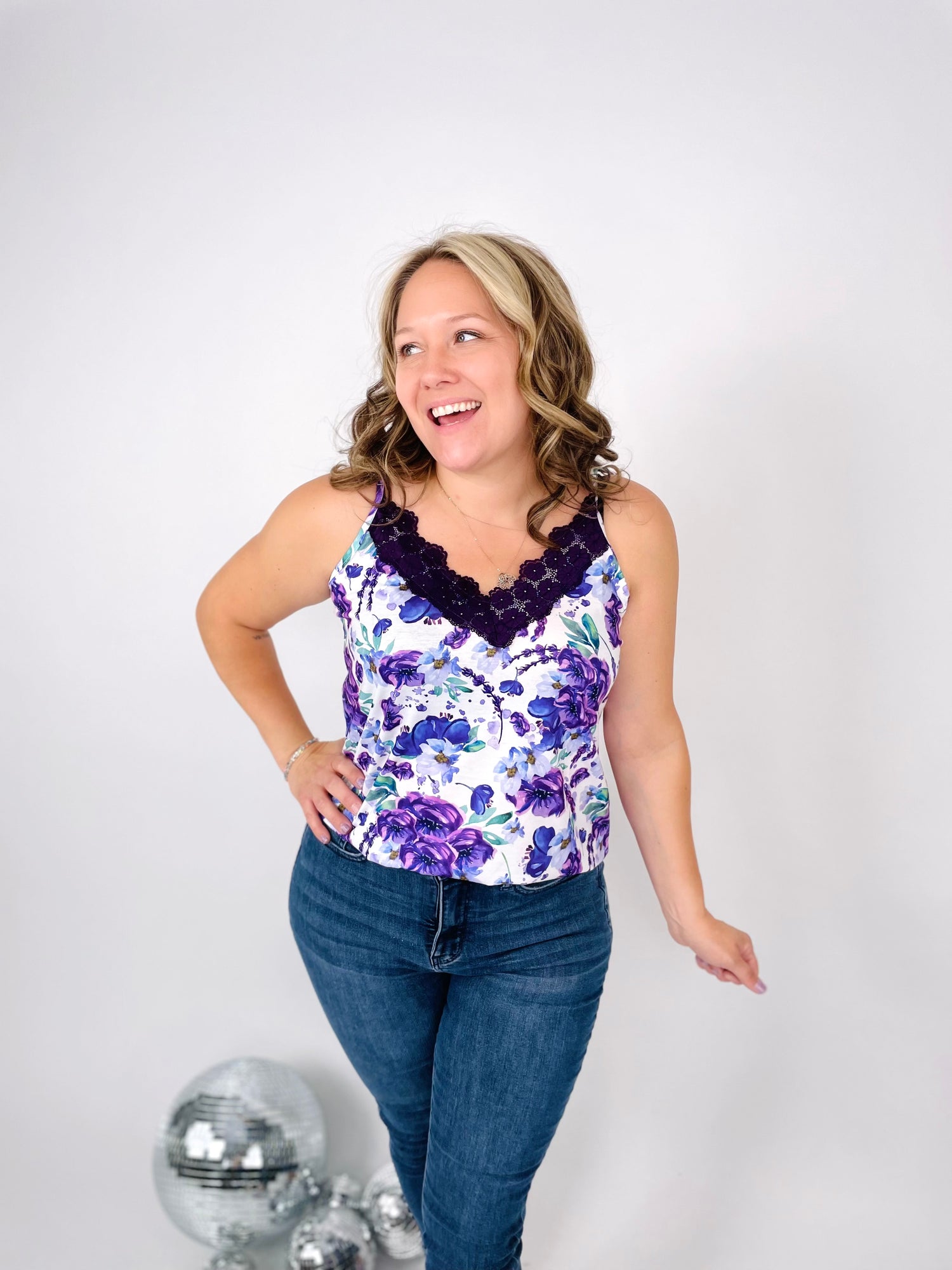 Lace Trim Tank - Purple Floral