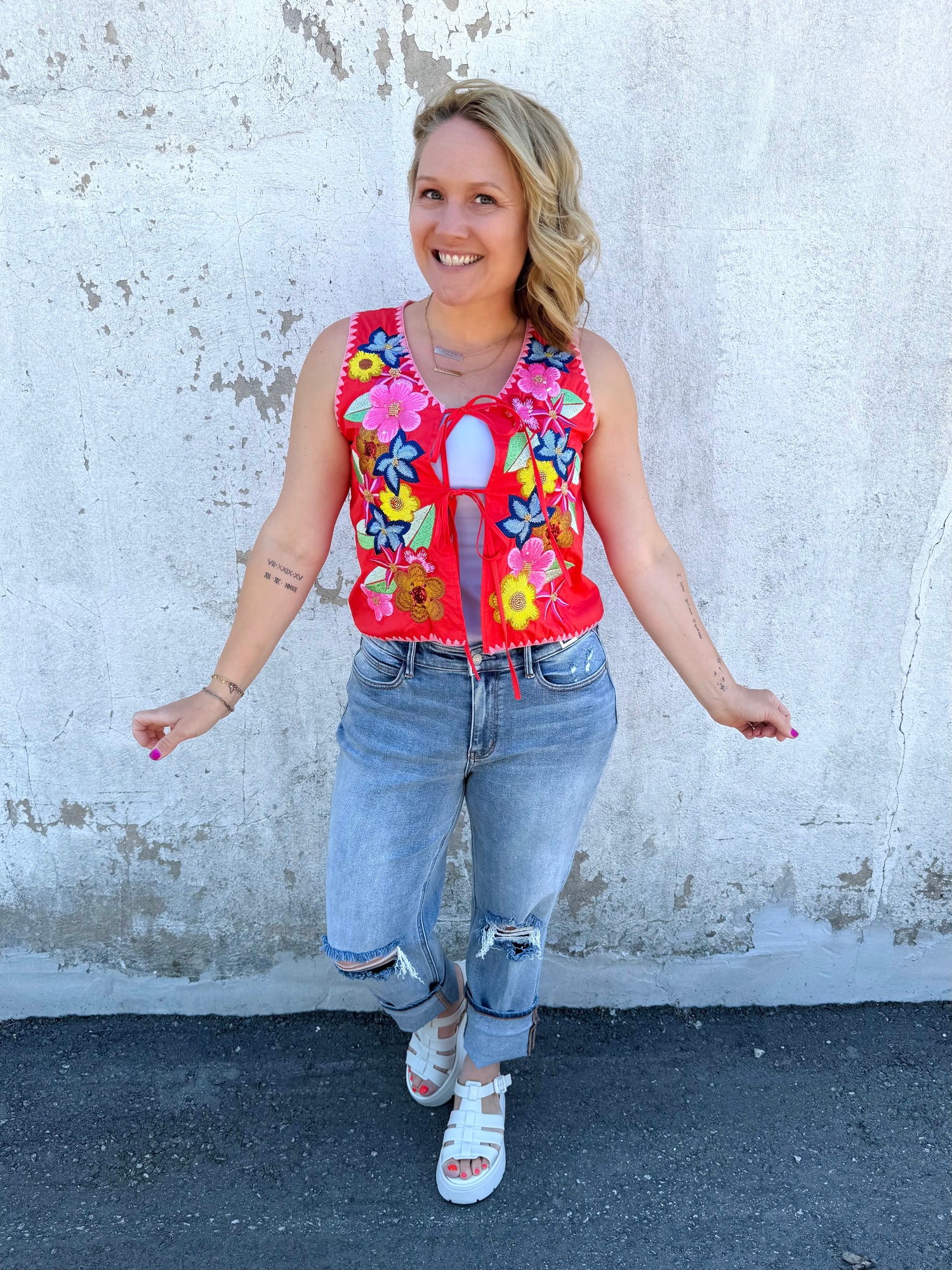 Queen of Sparkles Embroidered Trim Multi Flower Tie Up Tank {XS-XL}