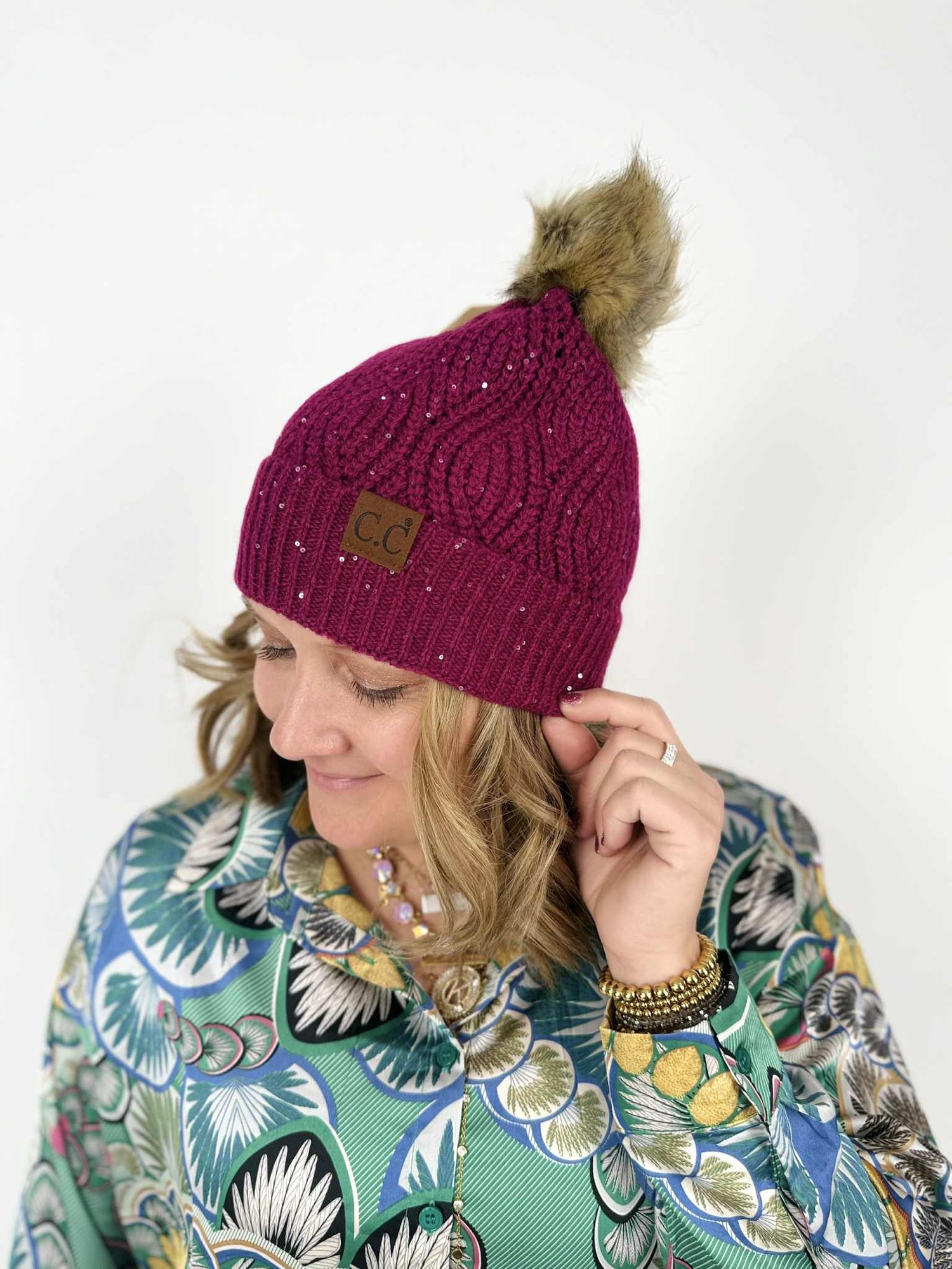 PINK DOORBUSTER! Sequin Brioche Cable Knit Fur Pom CC Beanie - Multiple Colors! - KaraMarie