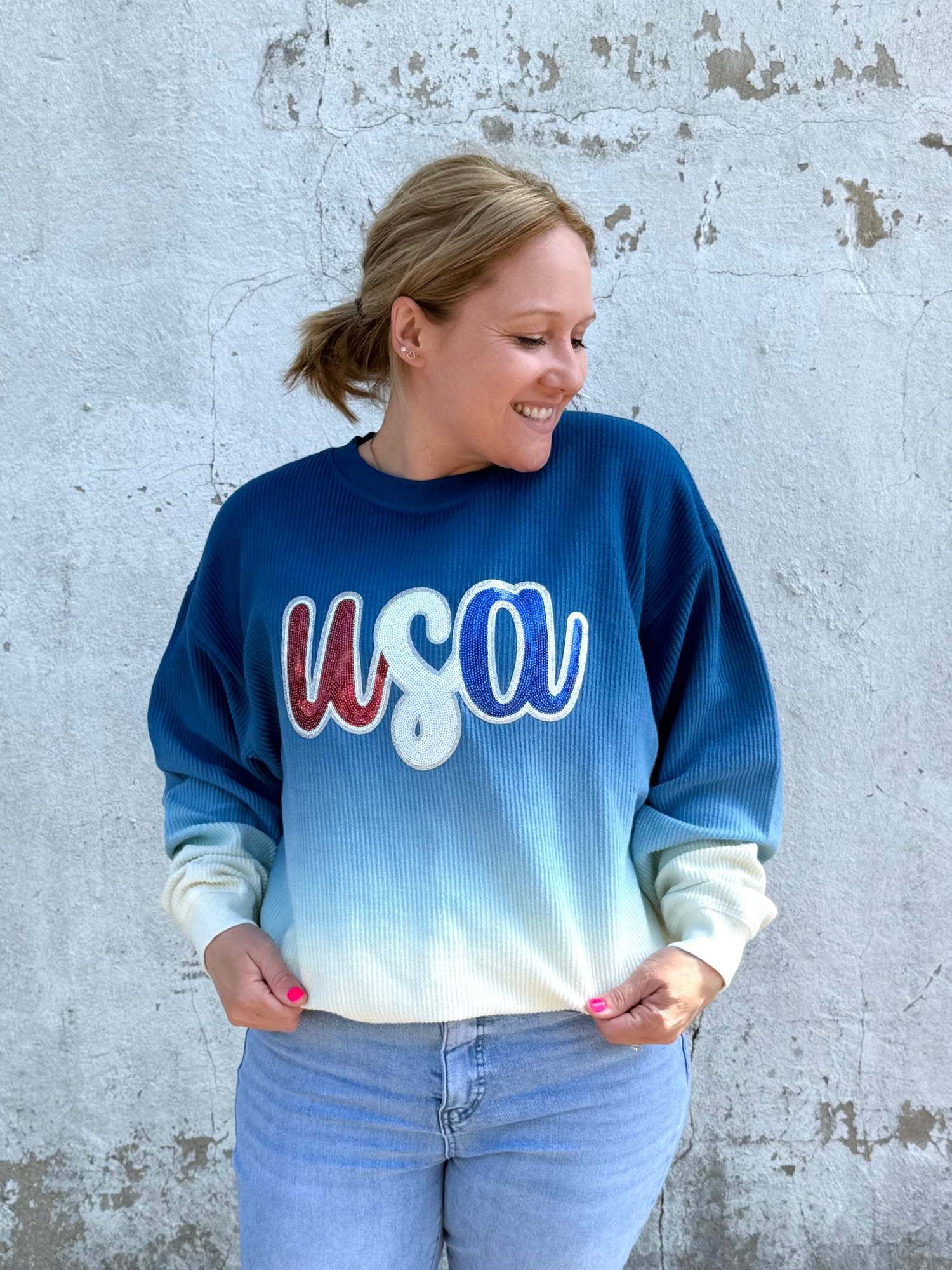 Moon Ryder Ombre Cozy Cord Sweatshirt - Navy/Eggnog {WITH OR WITHOUT USA ADD-ON!}