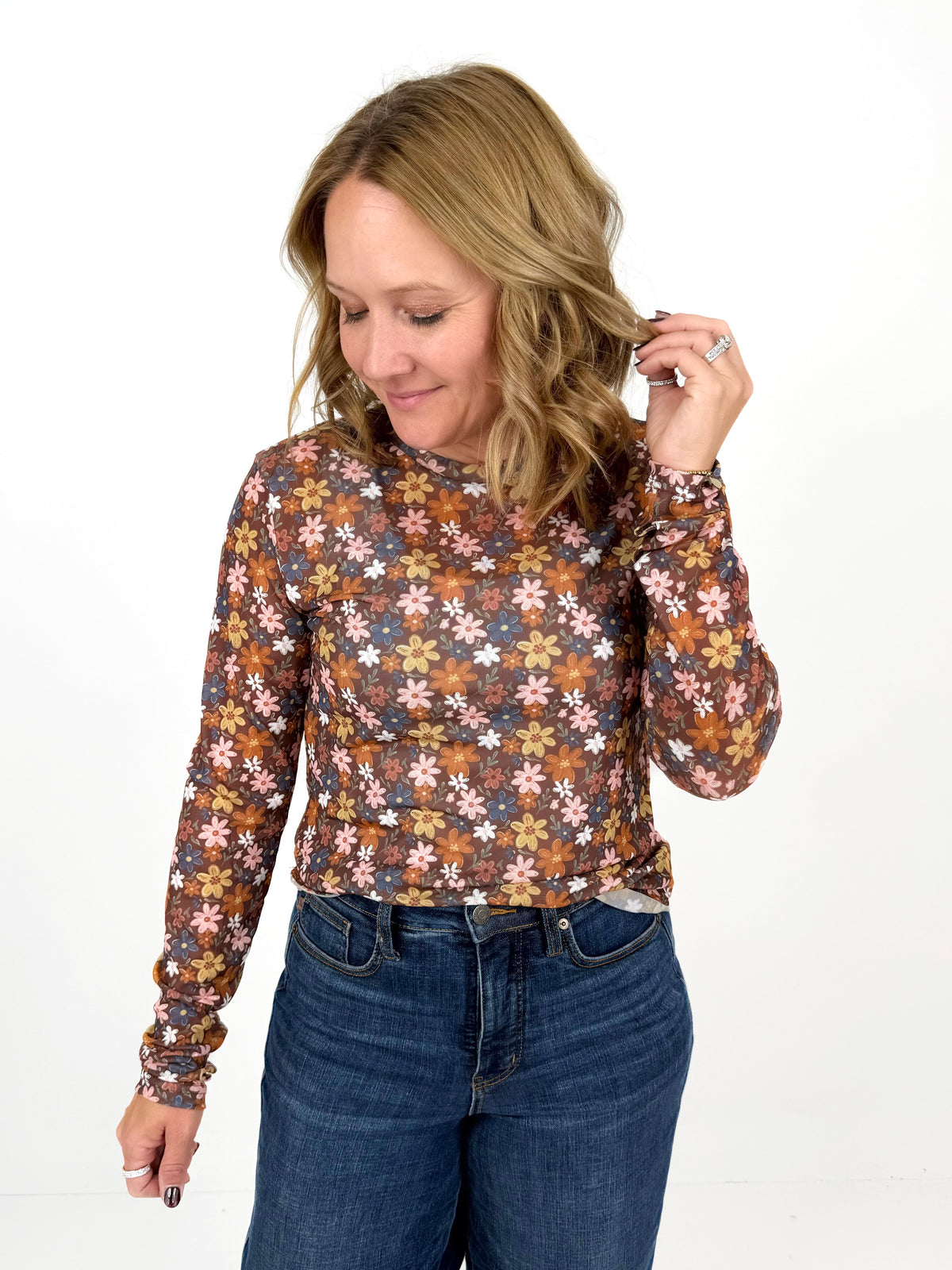 BLAKELEY Dress It Up Mesh Tops - Brown Floral {S/M-2X}