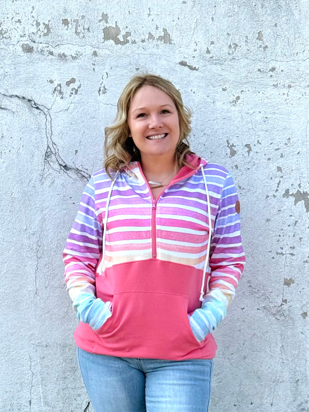MM Half-Zip Hoodie - Rainbow Stripes & Sun-Kissed Coral {S-3X} - KaraMarie