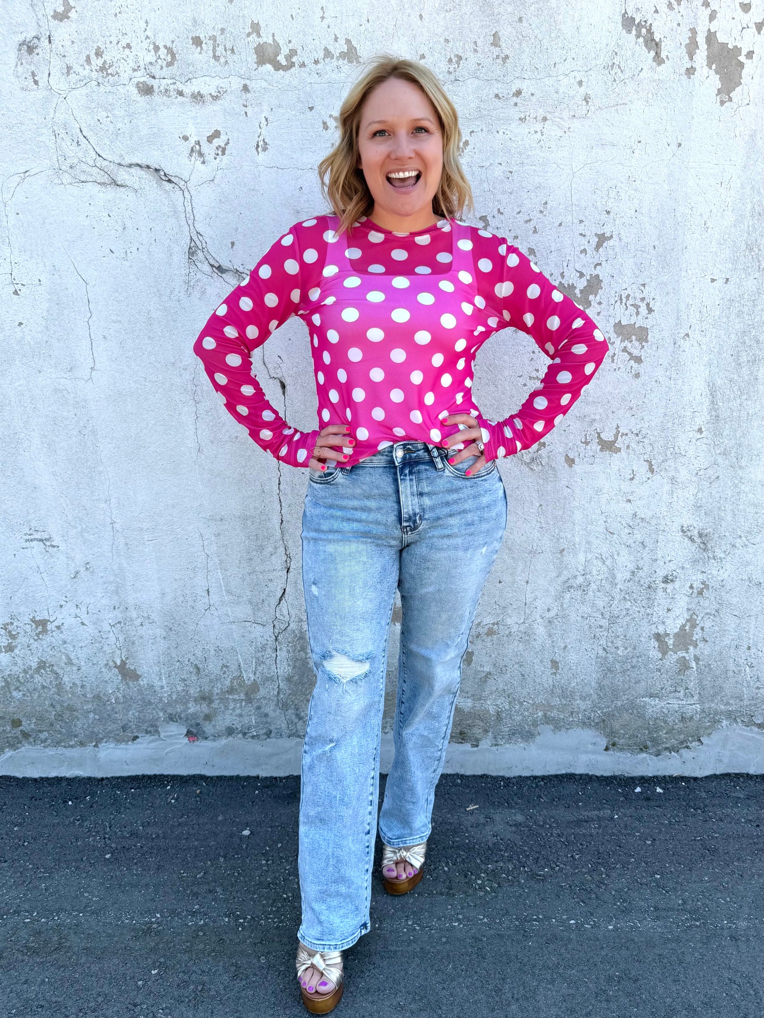 BLAKELEY Dress It Up Mesh Tops - Pink Polka Dots {S/M-2X}