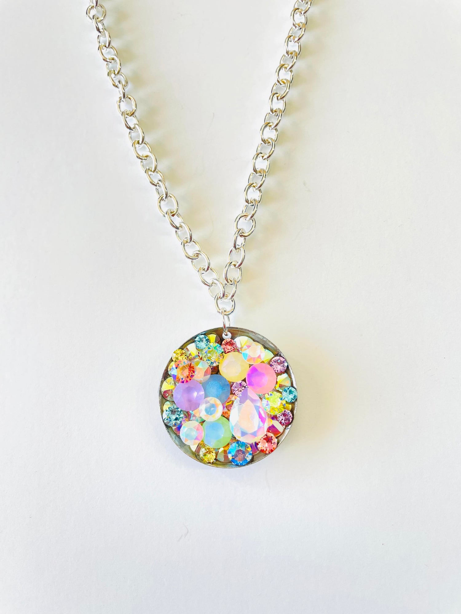 Large Treasure Chest Round Pendant Long Necklace in Frosty Spring Hues - KaraMarie