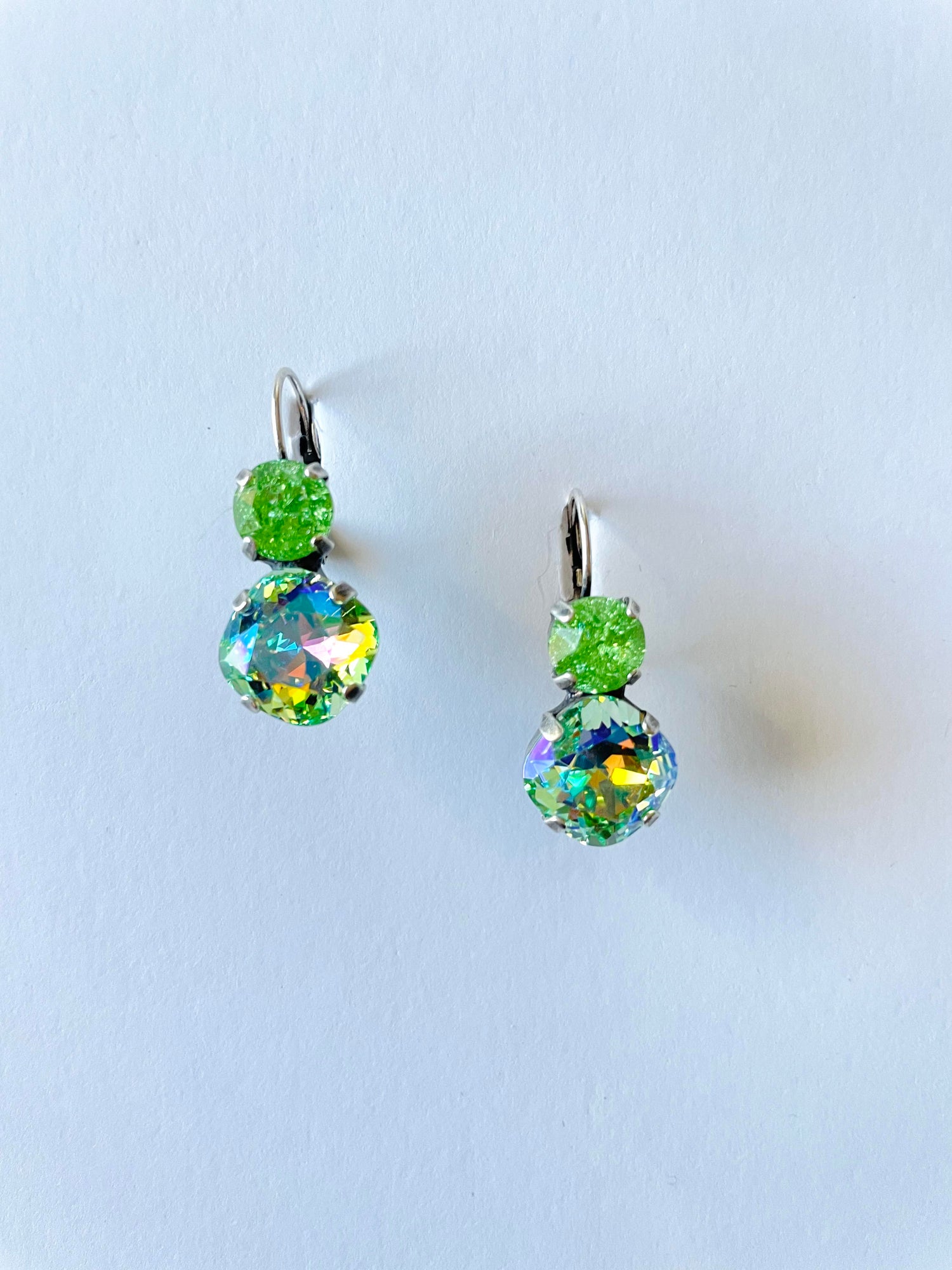 Double Drop Square Cushion Cut Earrings in Chrysolite AB + Peridot Ice - KaraMarie