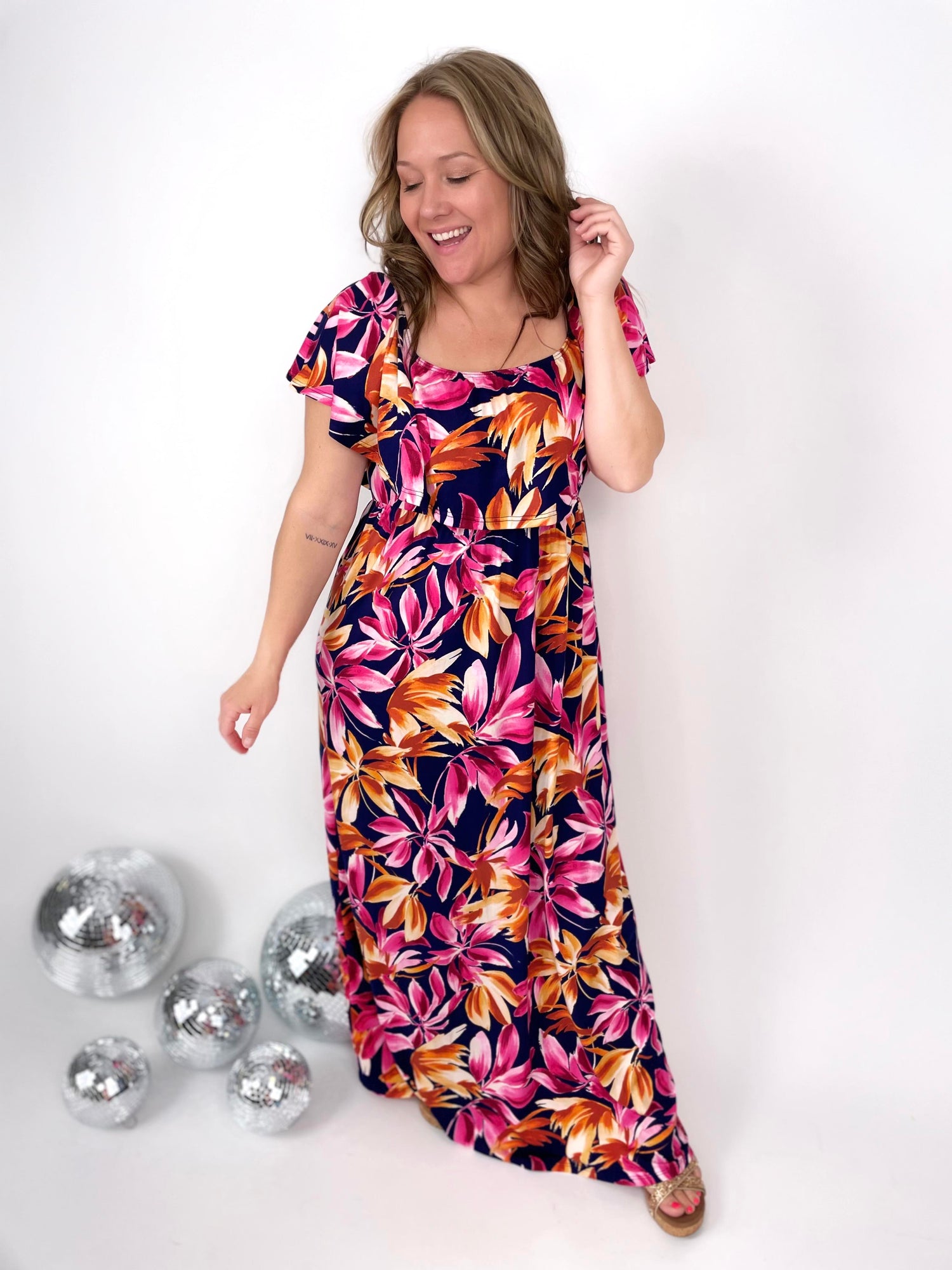Oakley Off the Shoulder Maxi Dress - Navy Tropical {S-3X} - KaraMarie
