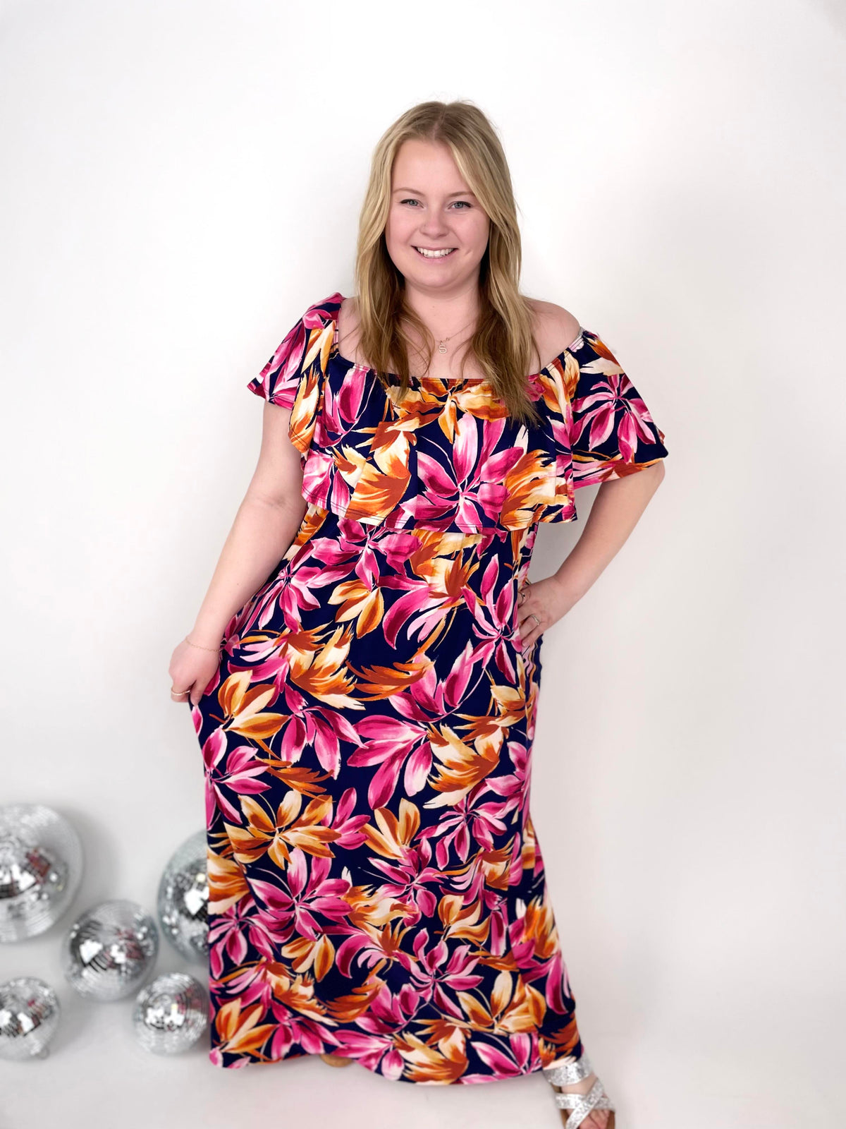 Oakley Off the Shoulder Maxi Dress - Navy Tropical {S-3X} - KaraMarie