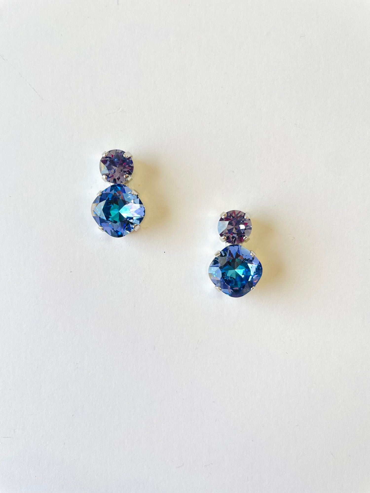 Double Post Square Cushion Cut Earrings in Tanzanite + Aqua Vitrail Light