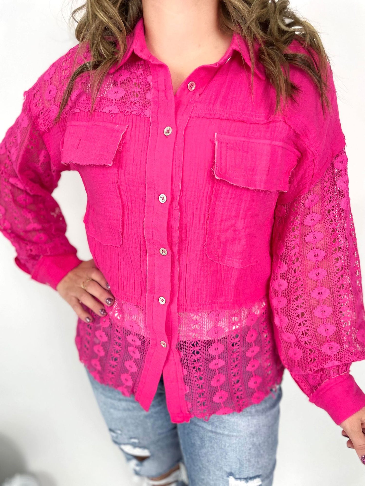 Dreamy Lace Button Up Top in Hot Pink