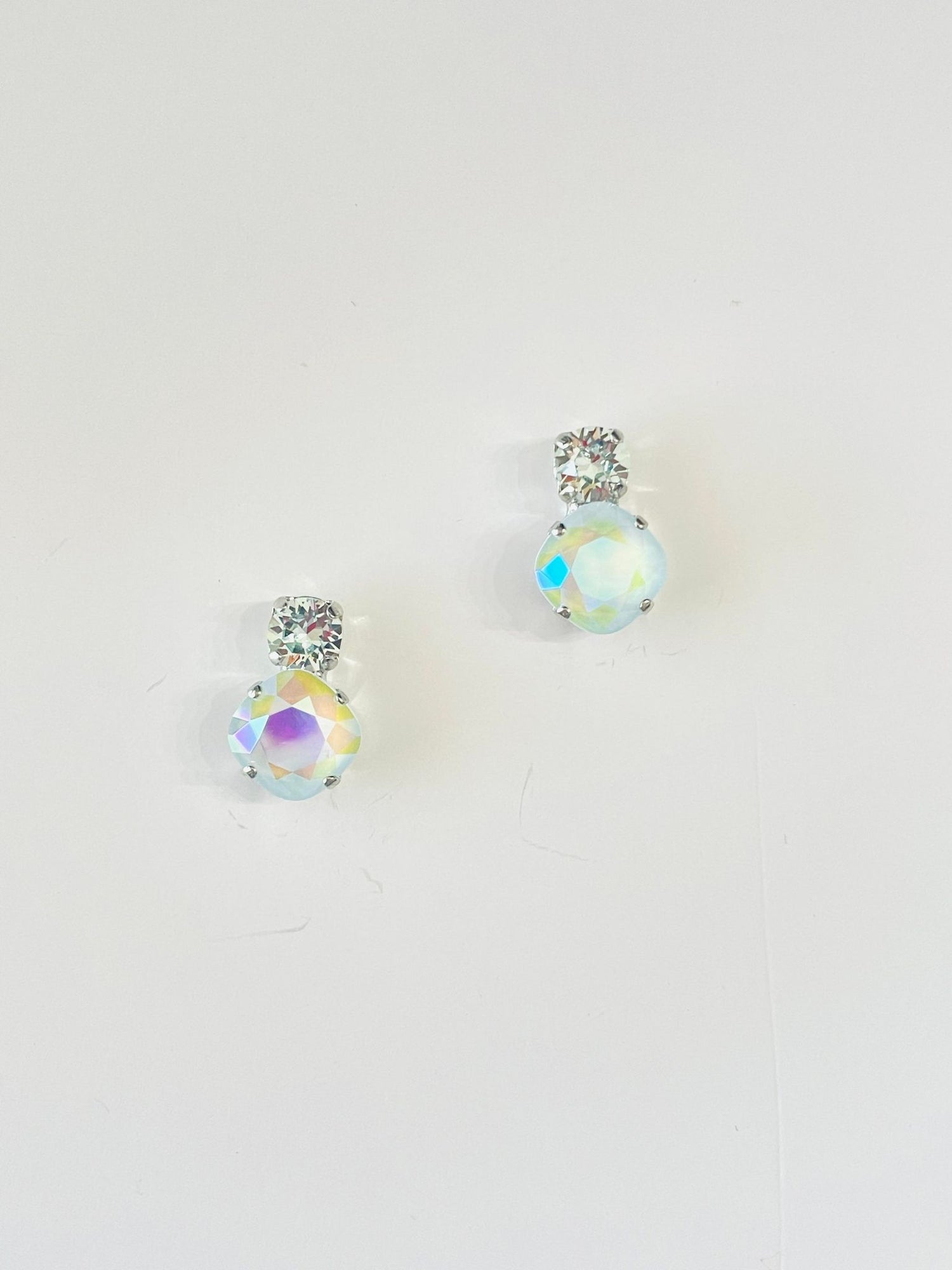 Mini Double Crystal Square Cushion Cut Post Earrings in Light Azure + Ultra Powder Blue AB