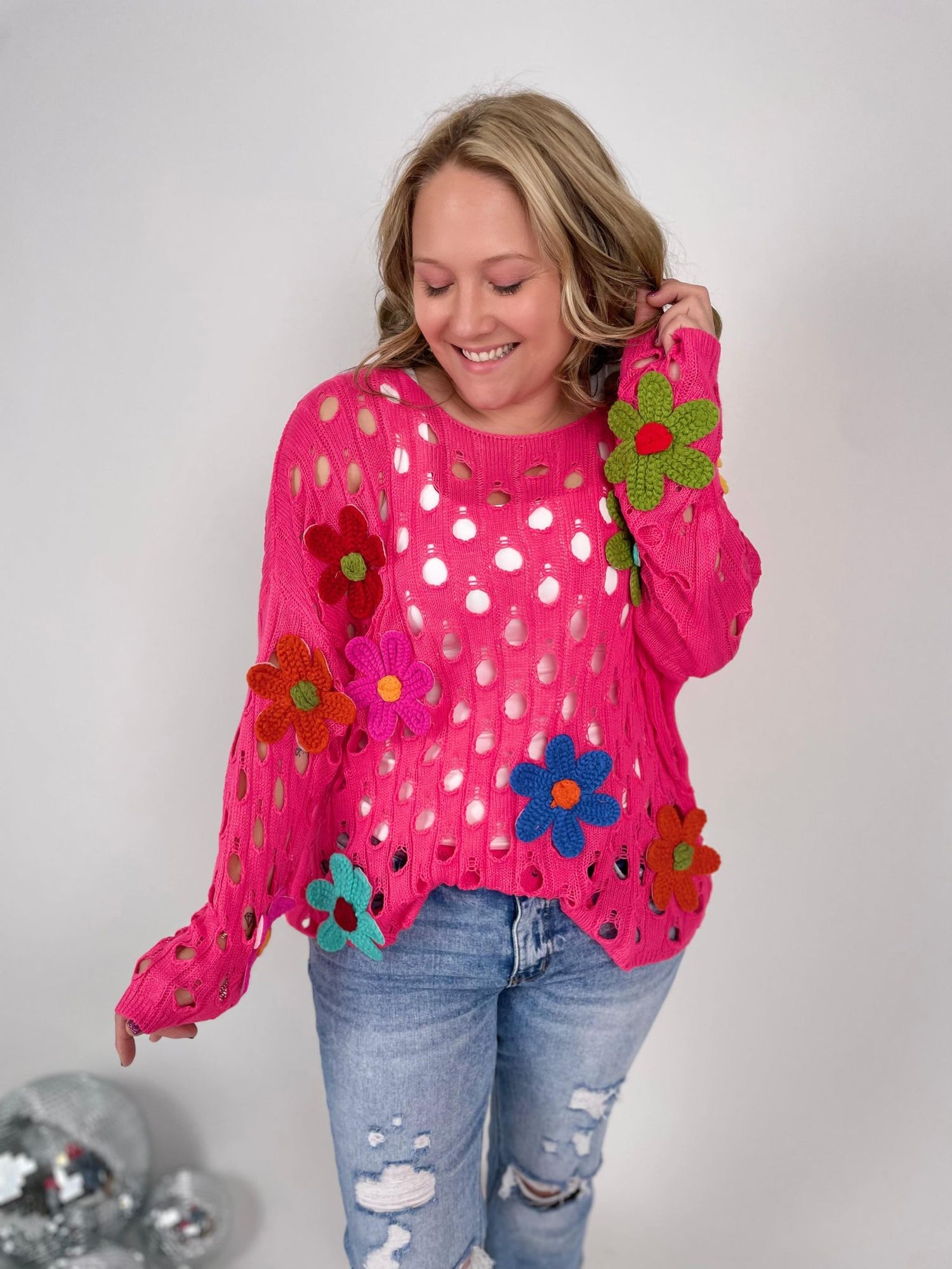 Perforated Petal Sweater in Fuchsia