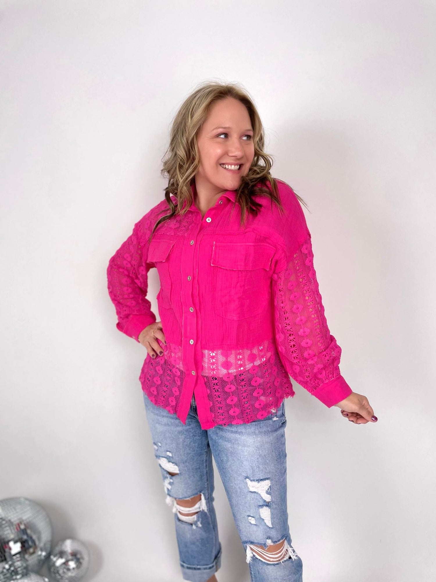 Dreamy Lace Button Up Top in Hot Pink