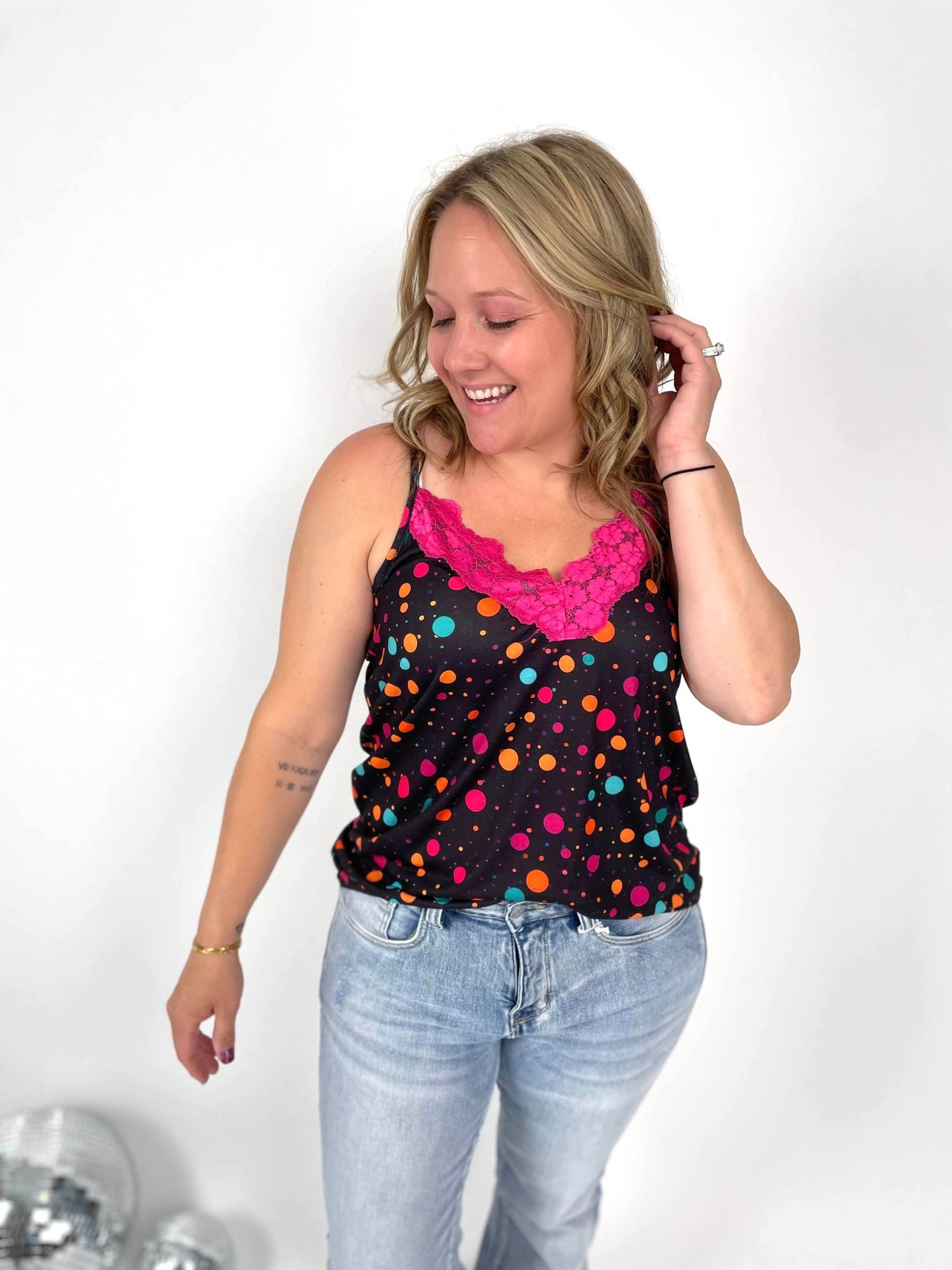 Lace Trim Tank - Polka Dot