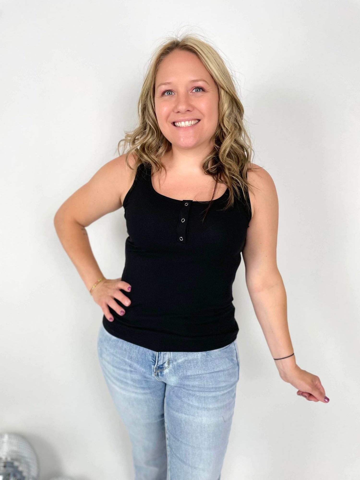 Brandee Snap Henley Tank in Black