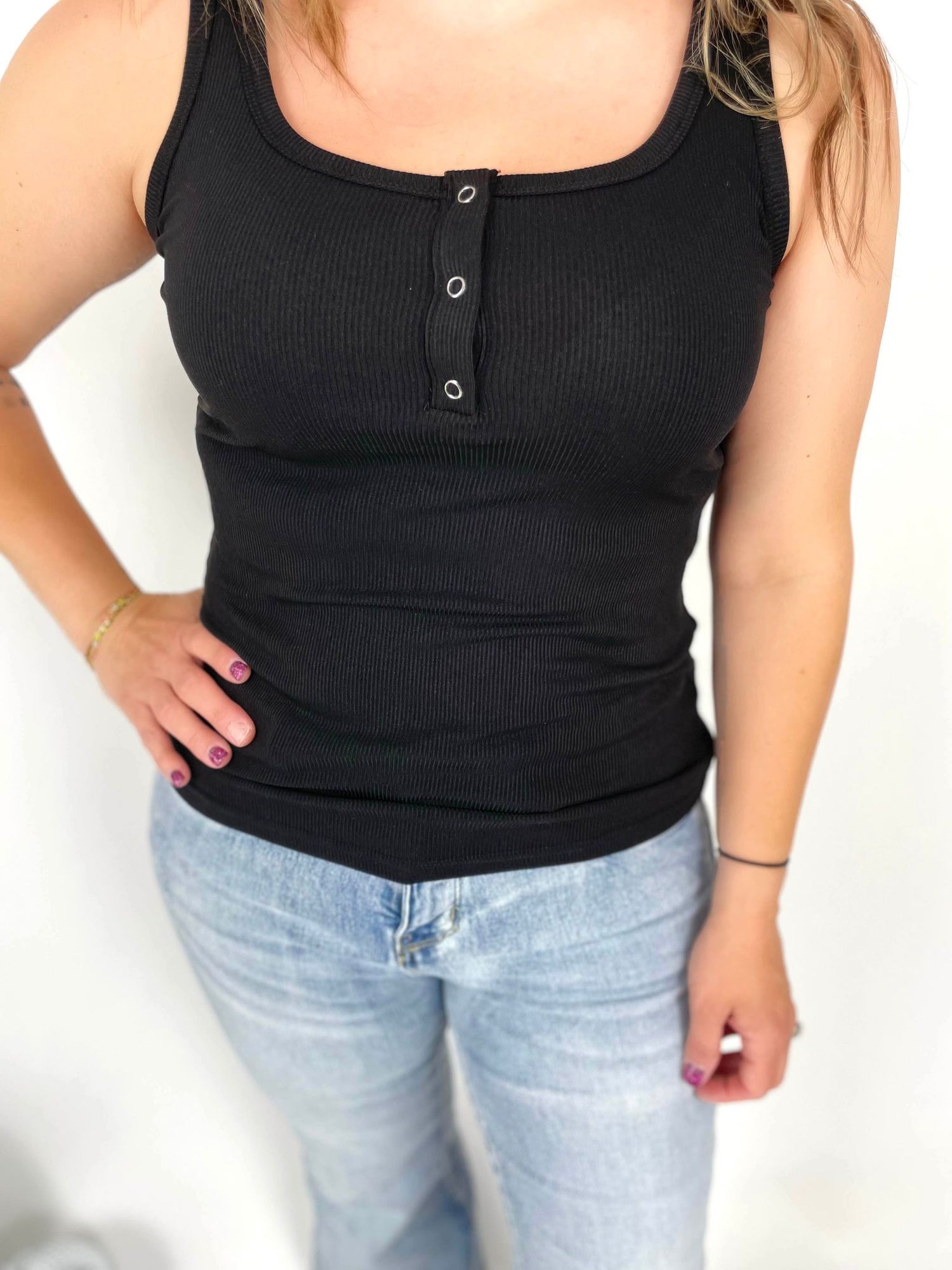 Brandee Snap Henley Tank in Black