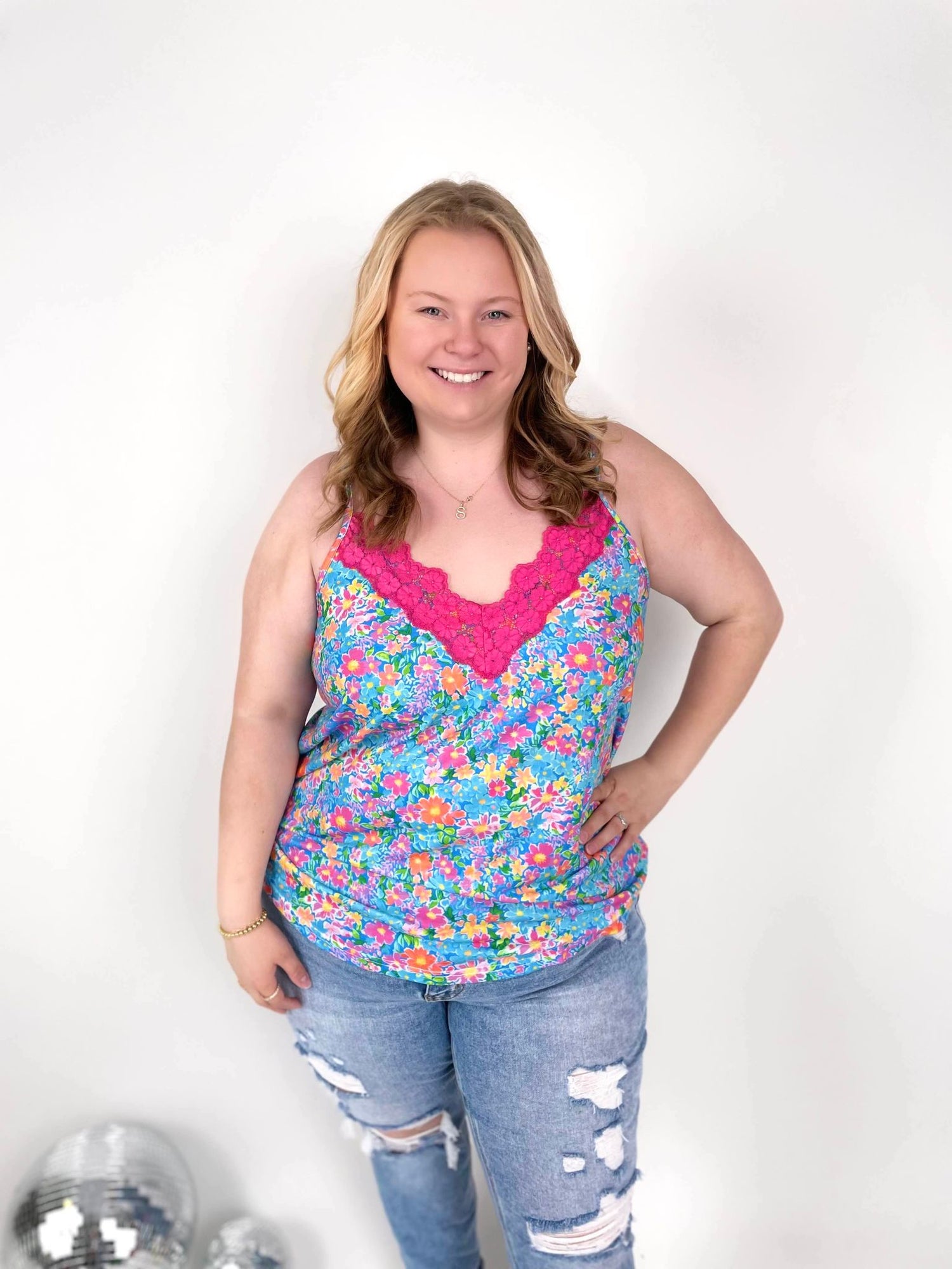 Lace Trim Tank - Multicolor Floral