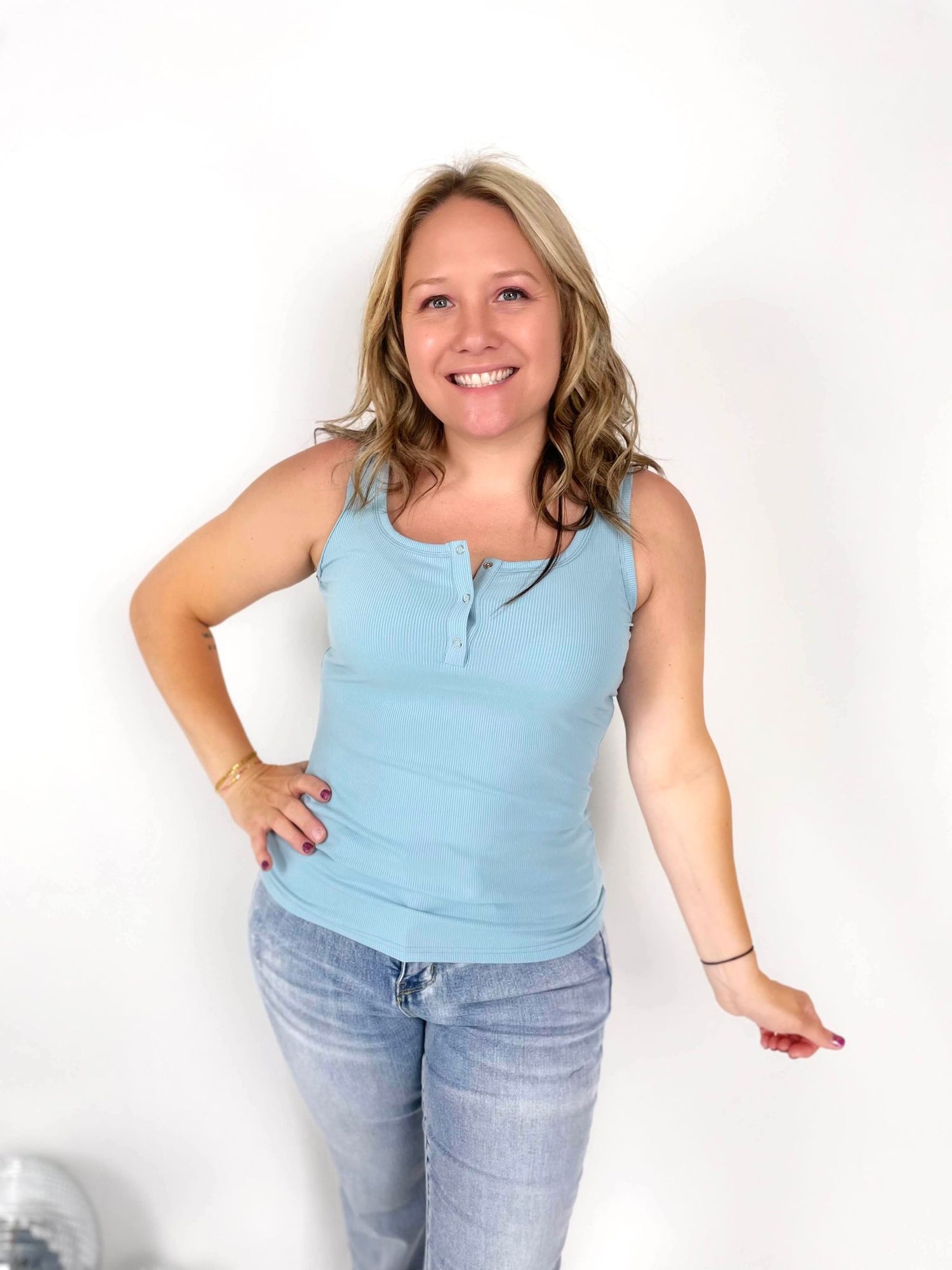 Brandee Snap Henley Tank in Baby Blue