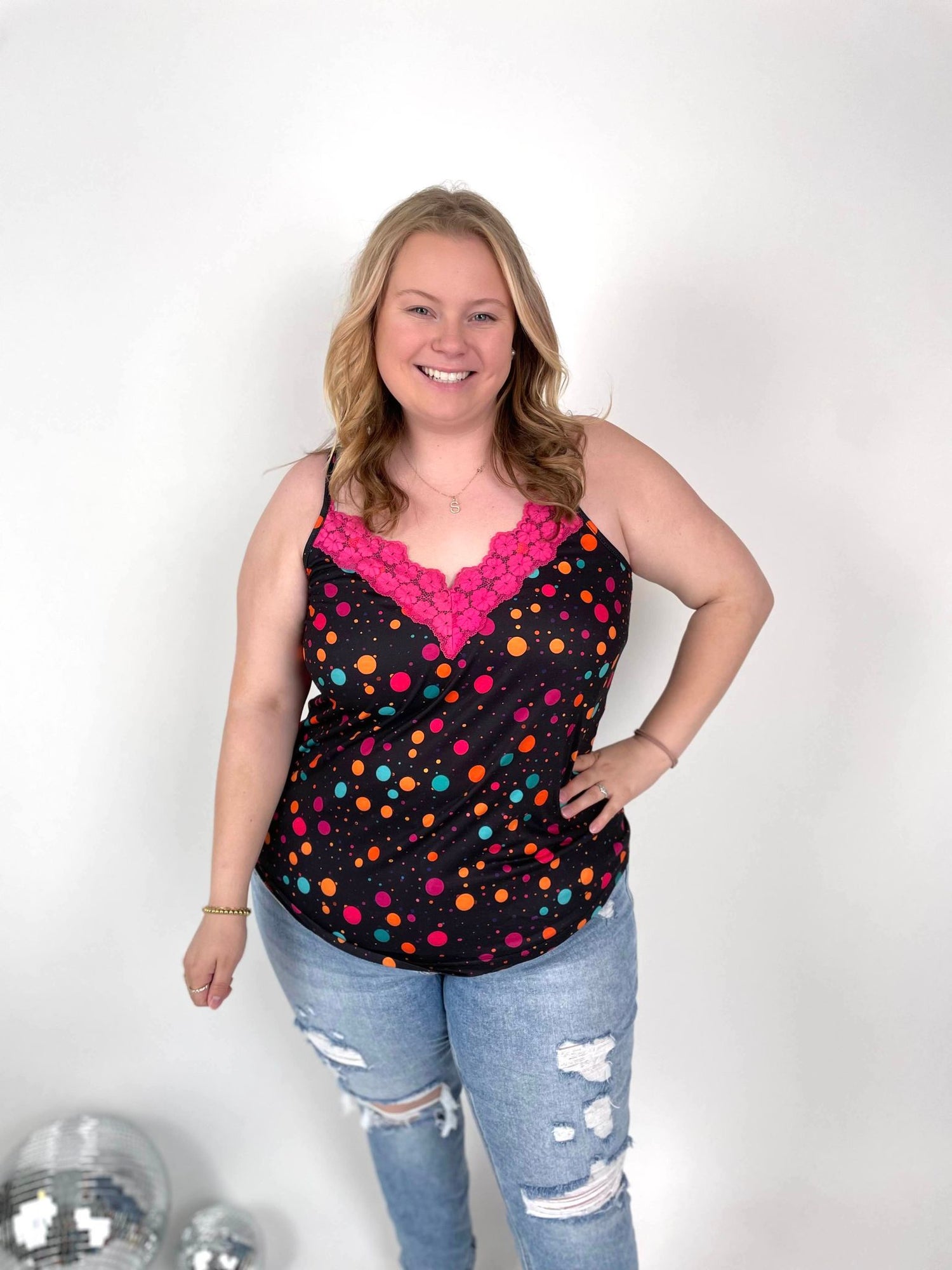 Lace Trim Tank - Polka Dot
