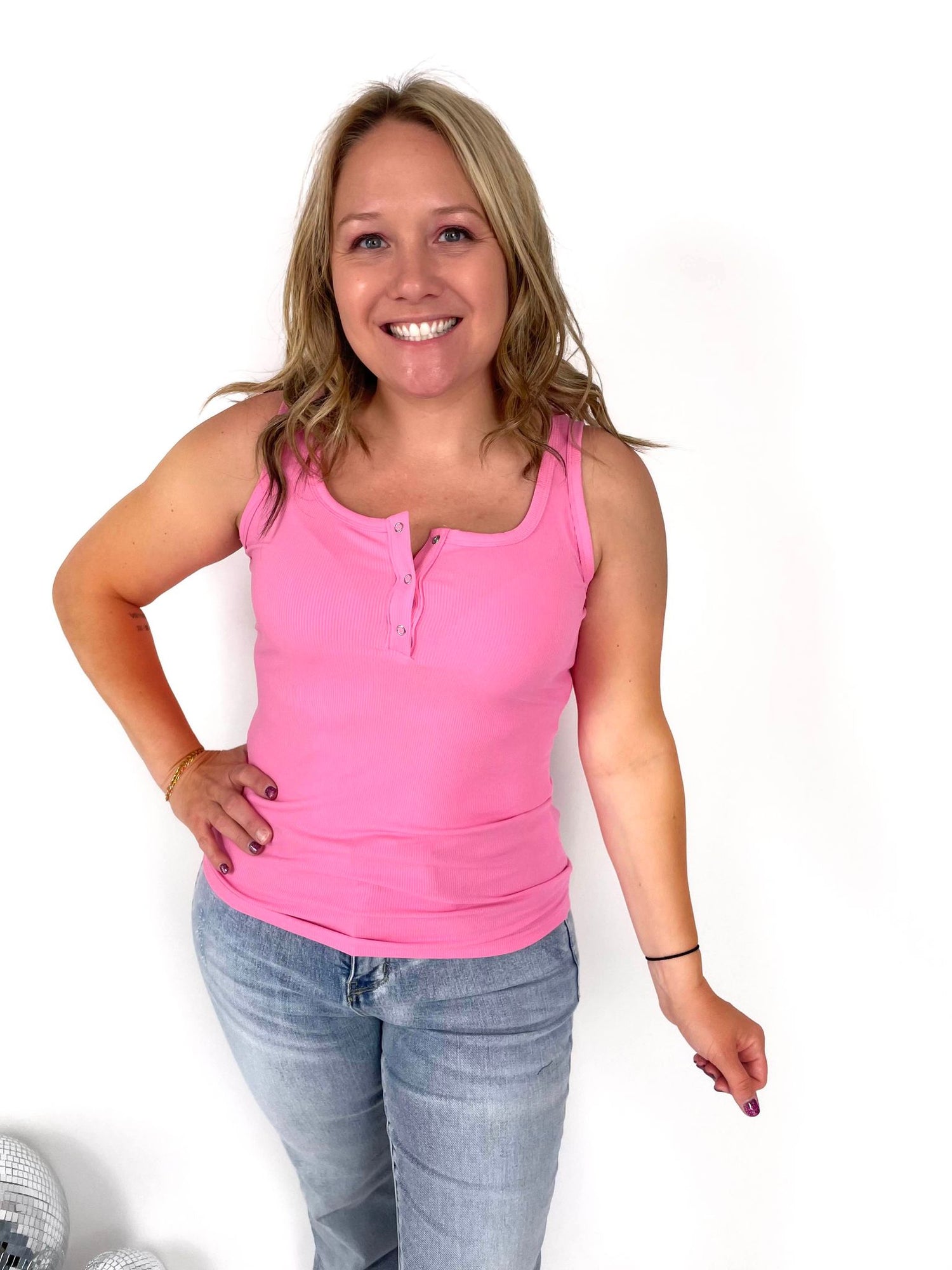 Brandee Snap Henley Tank in Pink