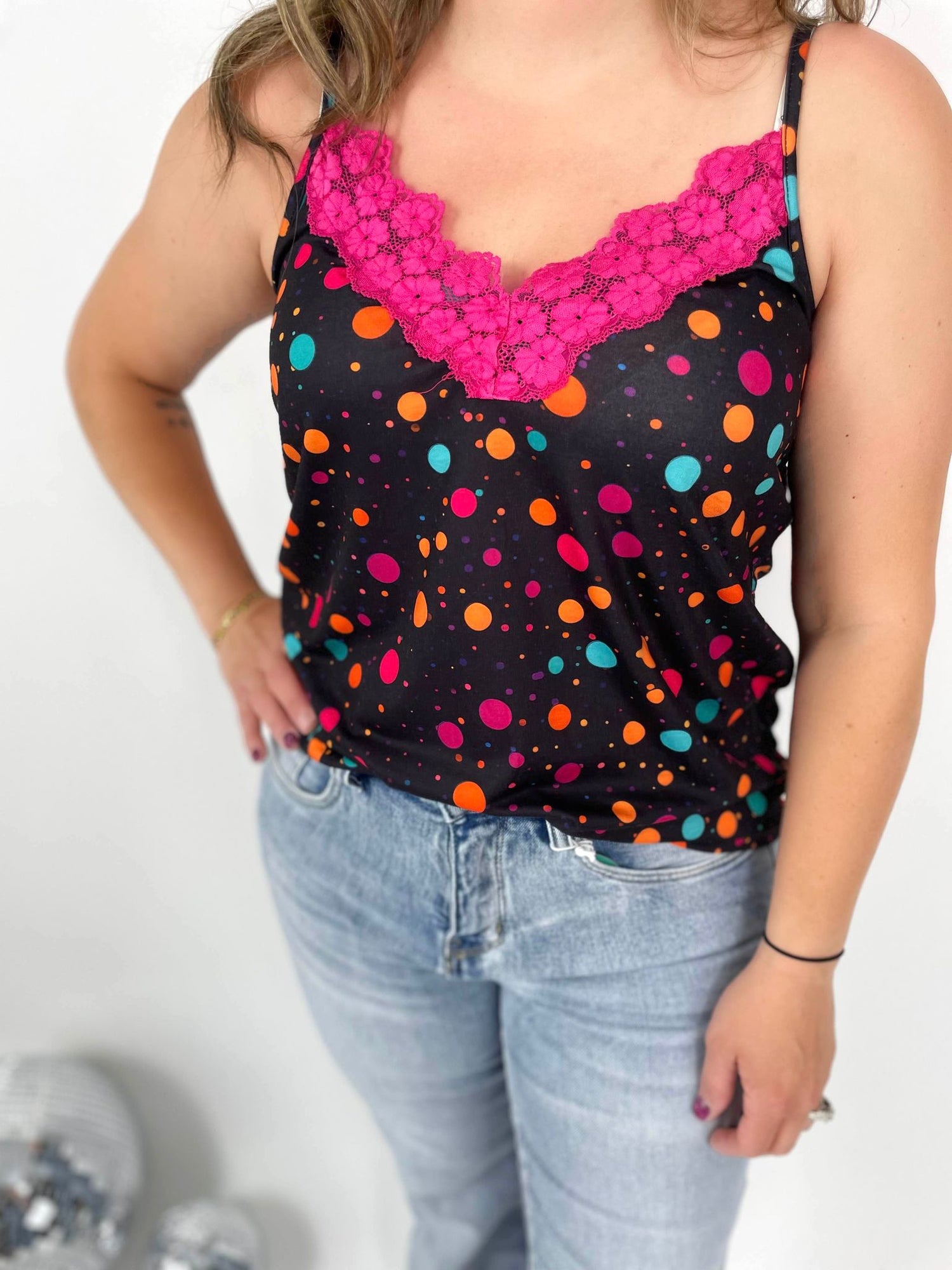 Lace Trim Tank - Polka Dot