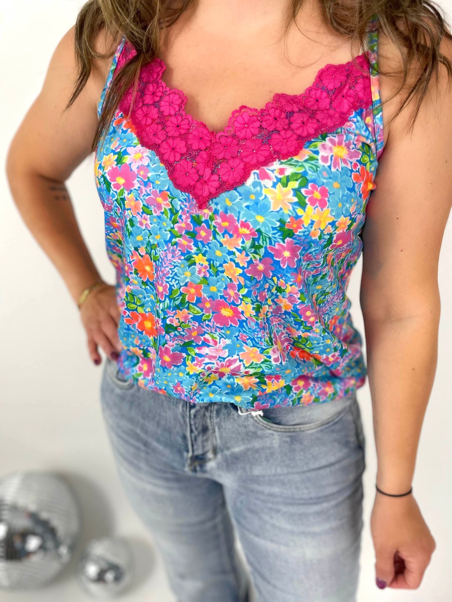 Lace Trim Tank - Multicolor Floral