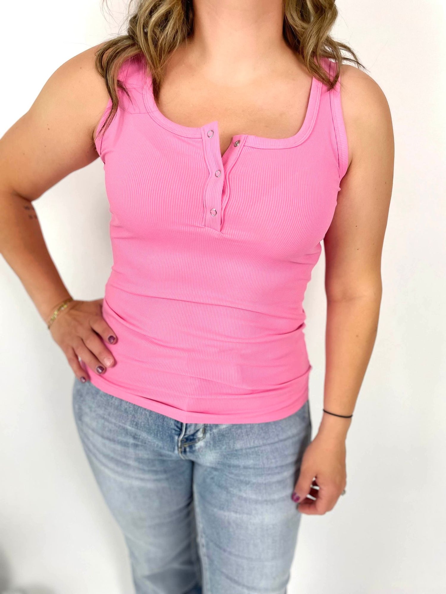 Brandee Snap Henley Tank in Pink